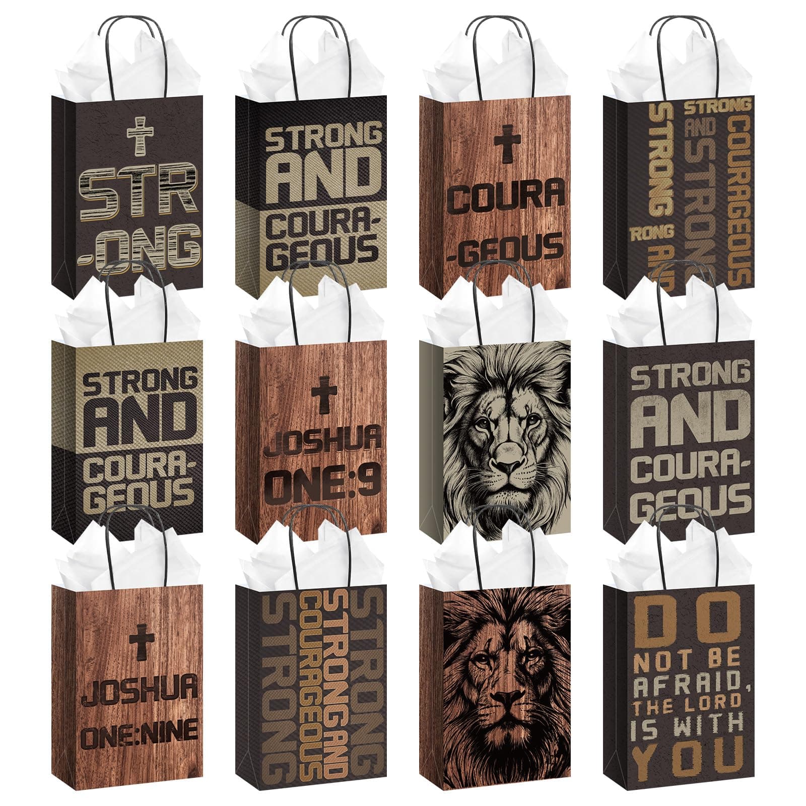 Wovnet 24 Pcs Christian Gifts Bags for Men Christmas Bags with Handle 24 Tissues Paper Inspirational Scripture Courageous Strong Lion for Xmas Bibles Church Party Favor
