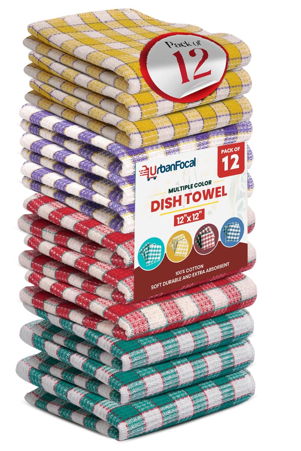 UrbanFocal Kitchen Dish Towels 12 Pack - Reusable Ultra Soft Cotton Dish Cloths for Cleaning Scrubbing Wipe Glass and Household Quick Dry Dish Rag | Multicolor, 12 x 12