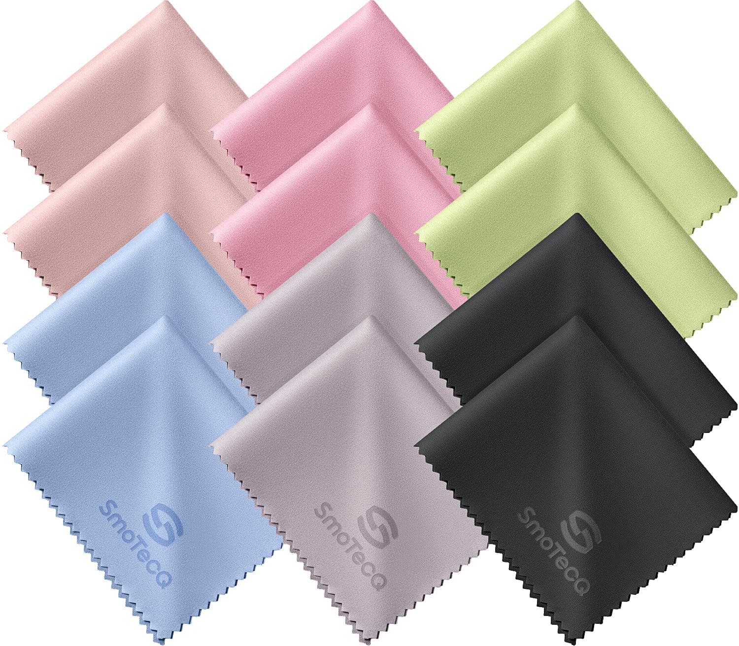 SmoTecQ 12 Pack Microfiber Cleaning Cloths for Glasses & Screens (6x7) - Optical Grade Lens Cleaner for Eyeglasses, Camera, iPhone, iPad & TV - Individually Wrapped, Assorted Colours