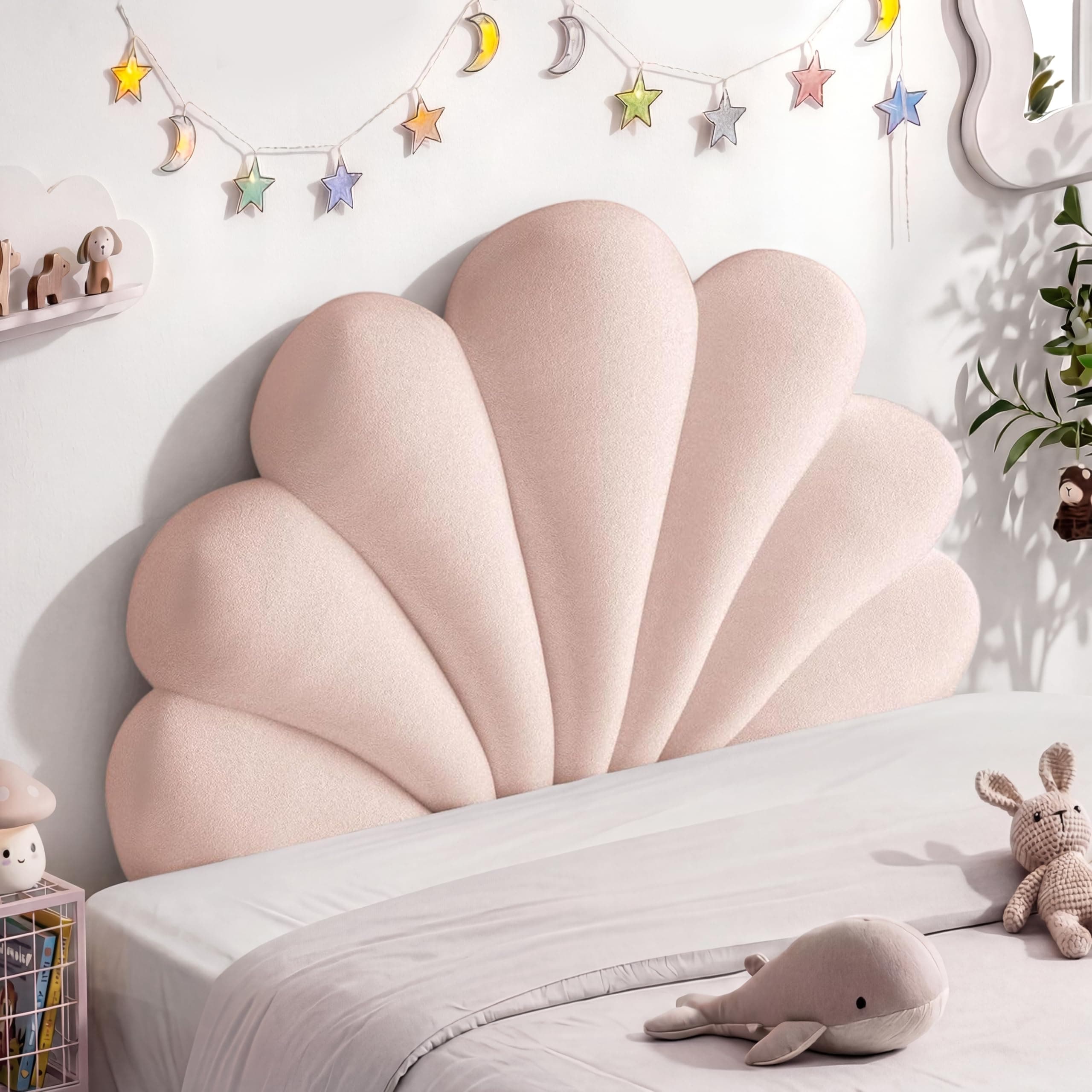 Queen Size Seashell Headboard Cushion, Soft PP Cotton Filled Upholstered Shell Headboard Pillow, Aesthetic Scalloped Wall Panel Free Standing, Coastal Decor for Teen Grils Bedroom (Pink)
