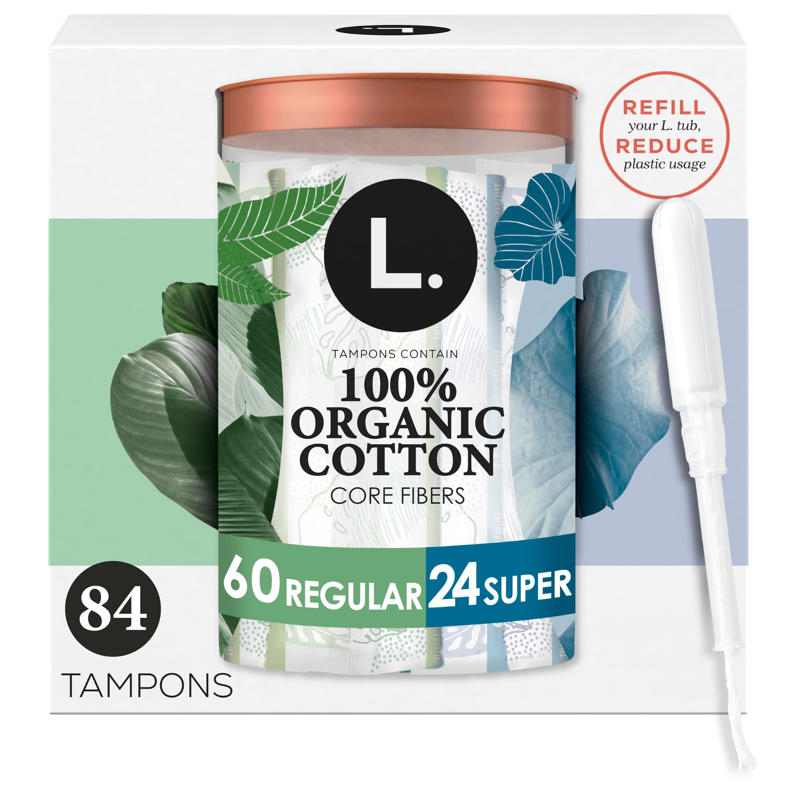 L. Cotton Tampons Regular/Super Absorbency Multipack, Contains an Organic Cotton Core, Made Without Synthetic Pesticides, or Fragrances, 84 Count (2 Packs of 42)