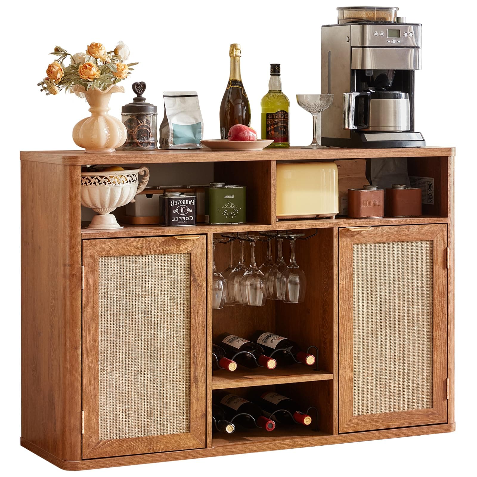 Lerliuo Rattan Wine Cabinet with 2 Doors, Boho Liquor Cabinet with Wine Racks, Farmhouse Coffee Bar Station for Living Room, Dining Room, Kitchen, Tea Brown