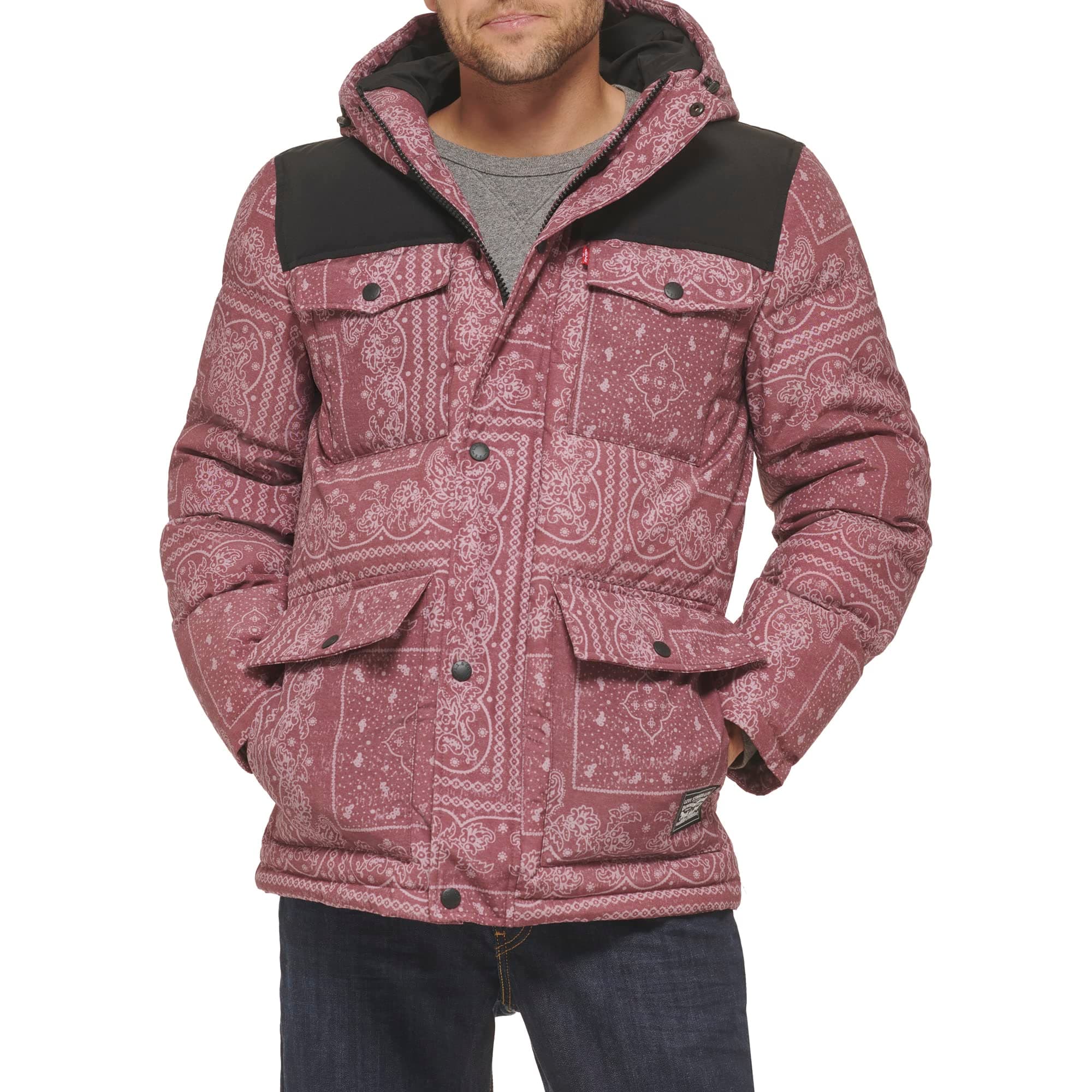 Levi's Men's Arctic Cloth Quilted Lined Performance Parka, Red Bandana Colorblock, Medium