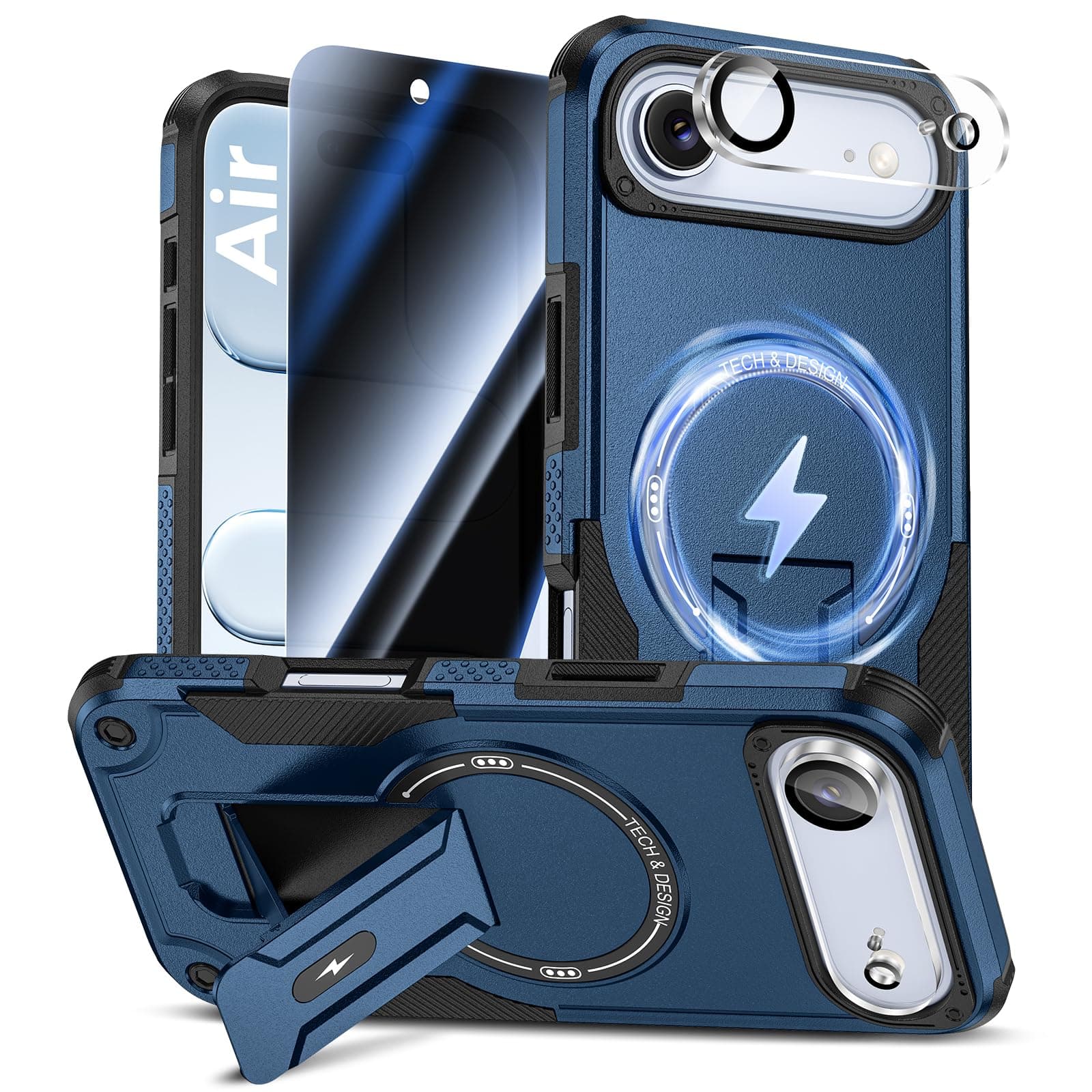 Goton for iPhone Air Case with Privacy Tempered Glass Screen Protector & Camera Lens Protector, Compatible with MagSafe, Invisible Kickstand, Shockproof Phone Cover for iPhone 17 Air, Blue