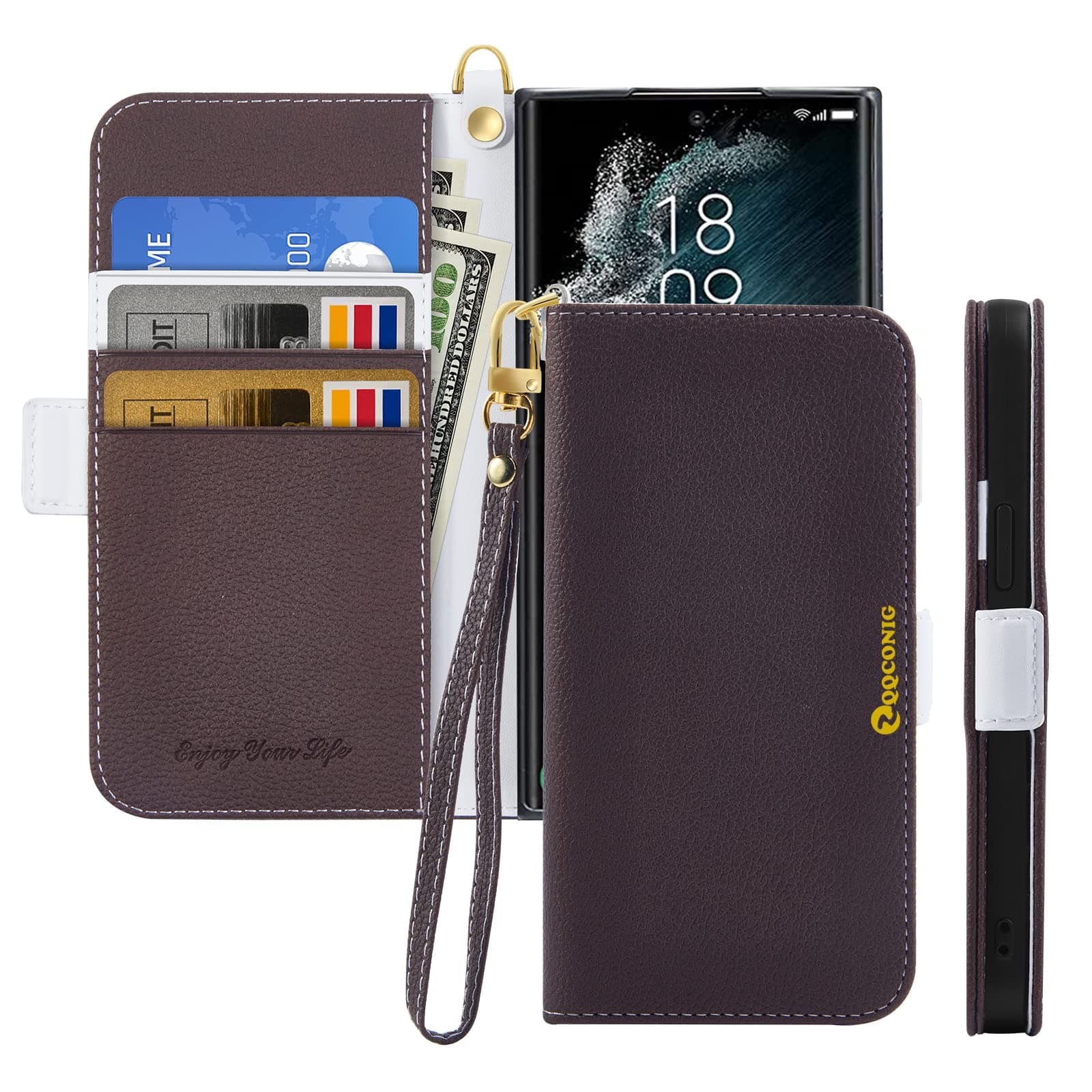ZQQCONIG Flip Case for Samsung Galaxy S23 Ultra,PU Leather Wallet Case Book Flip Folio Cover Shockproof TPU Premium Official Litchi Leather Card Holder Kickstand Magnetic Clasp for Women Men-Brown