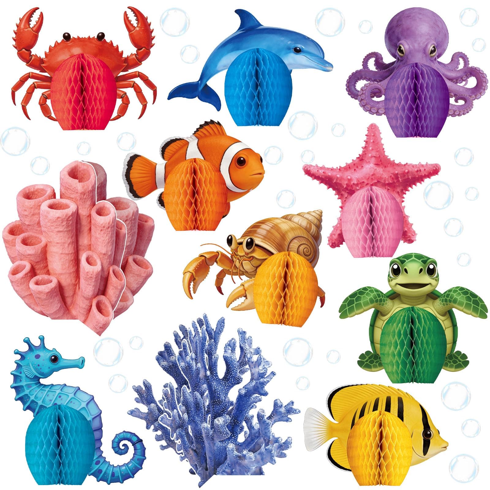 11PCS Under the Sea Honeycomb Centerpieces Ocean Sea Animals Birthday Party Decorations Ocean Animal Tropical Fish Creature Table Decors for Underwater Beach Birthday Baby Shower Party Supplies