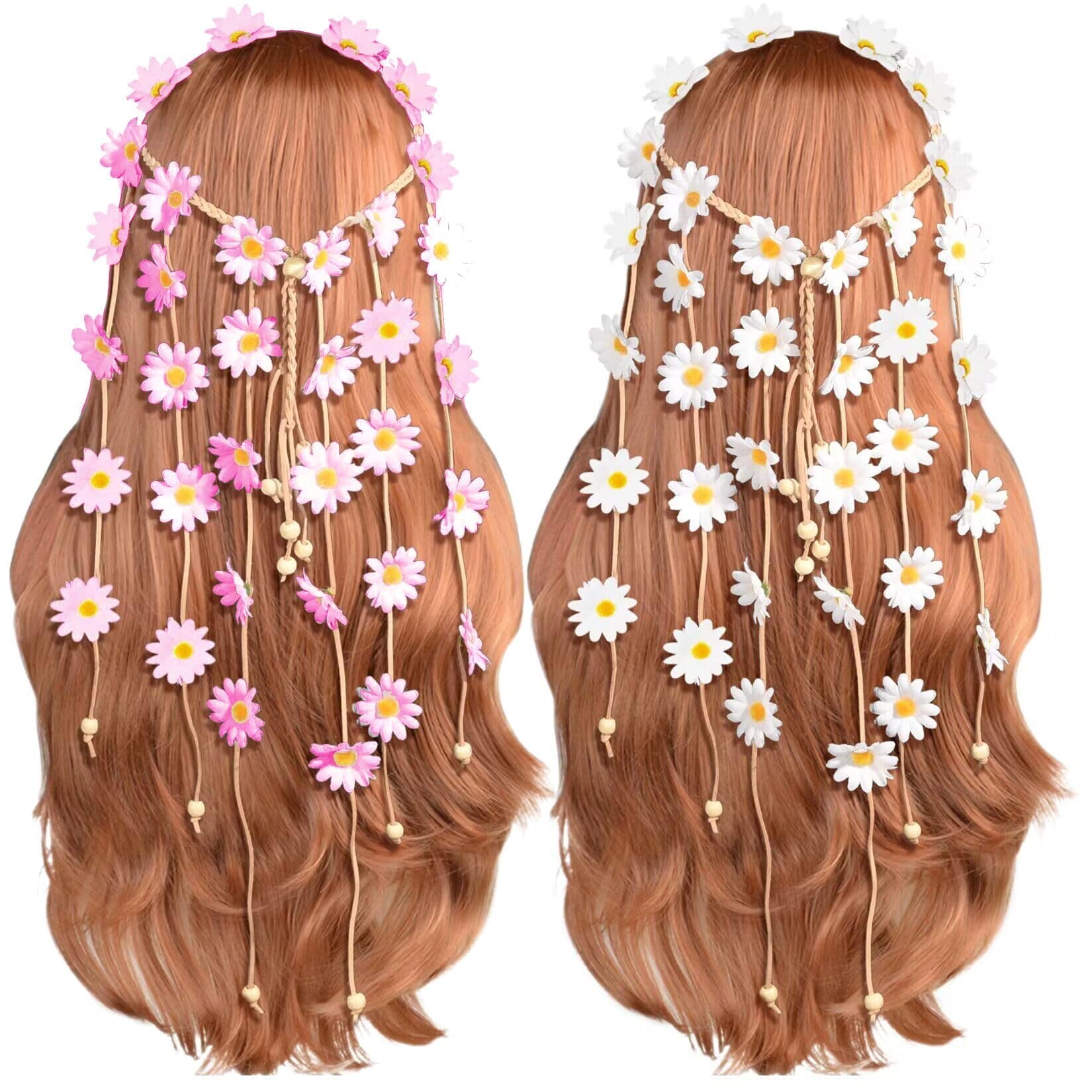 2pcs Flower Hippie Headband Floral Crown Summer Sunflower Hair Accessories for 70 s Bohemian Costumes Style (White+Pink, one size)