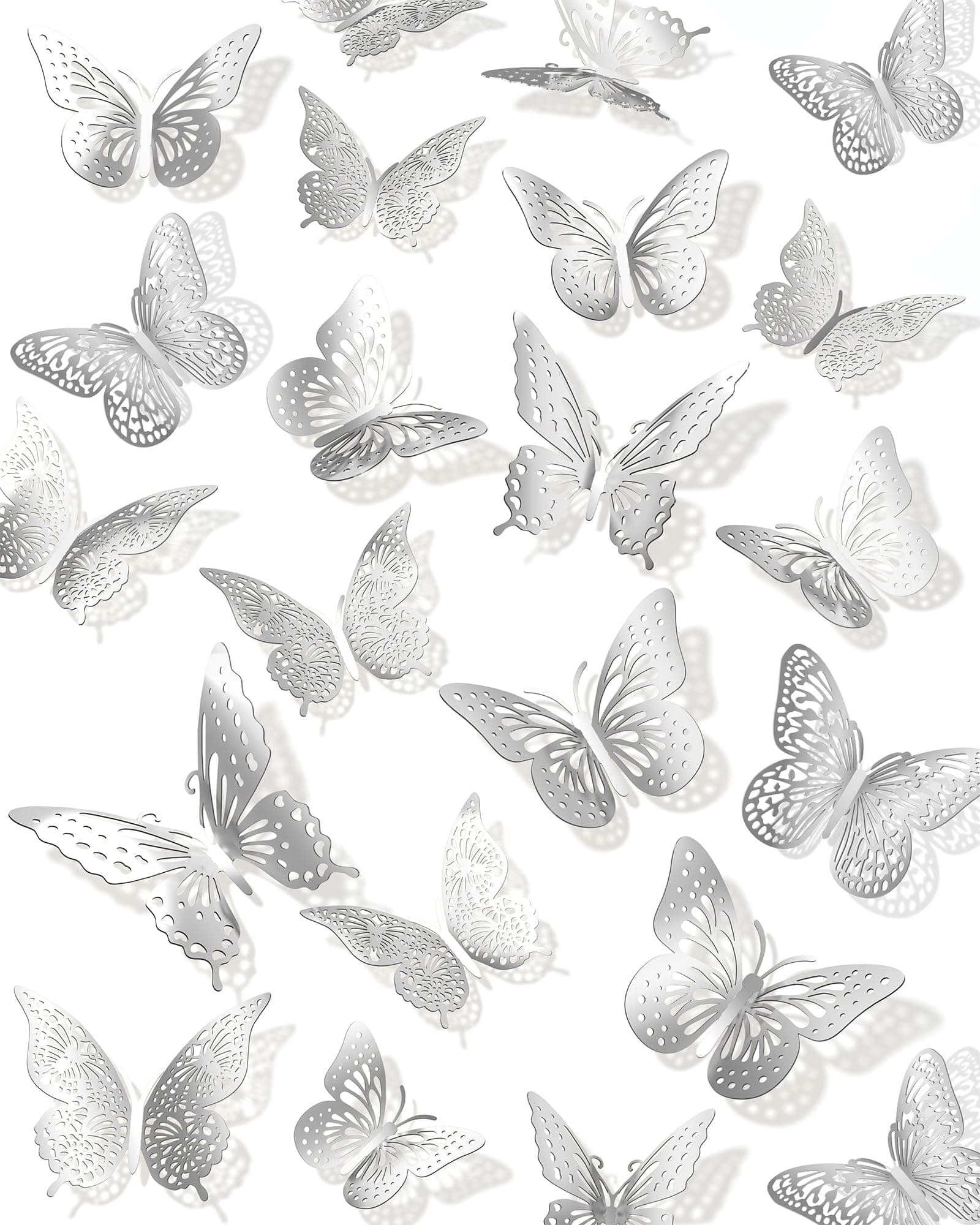 72Pcs 3D Butterfly Wall Decor,Silver Butterfly Decorations, 4 Styles 3 Sizes Removable Butterflies Wall Stickers Kids Bedroom Cake Nursery Room Decor