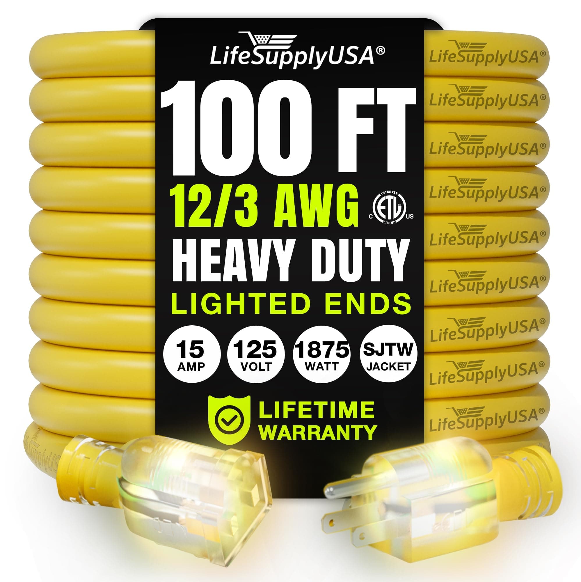 100ft Outdoor/Indoor Extension Cord 12/3 Gauge Extra Heavy Duty 3 Prong SJTW, Waterproof, ETL Listed, Flexible Cold-Resistant Long Power Cord,15A 125V 1875W, Yellow by LifeSupplyUSA
