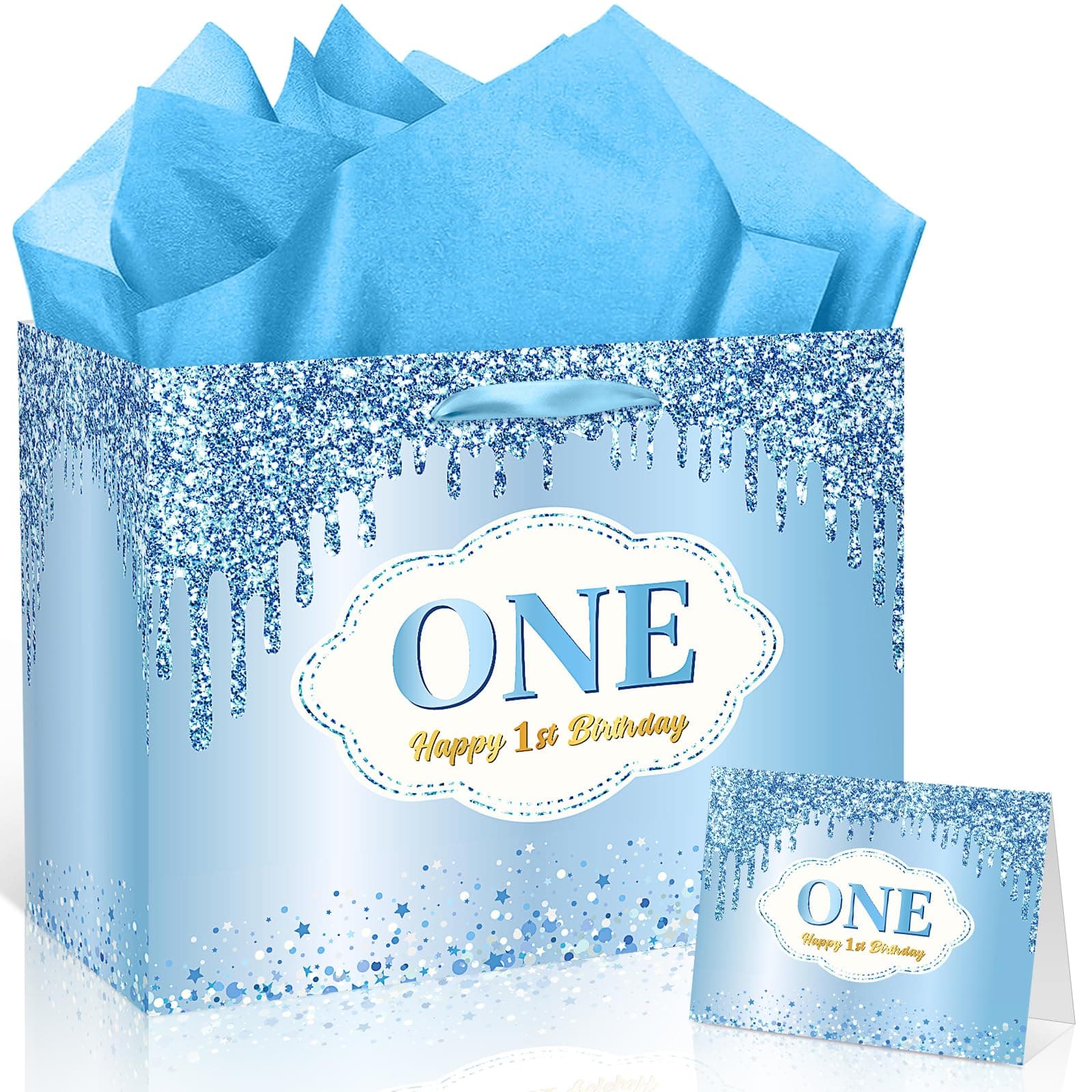 Peconal Blue 1st Birthday Gift Bag for Baby Boys Large Happy 1st Birthday Gift Bag with Card Wrapping Paper First Bday Party Decorations for Newborn Kids Girls One Year Old Baby Shower Party Supplies