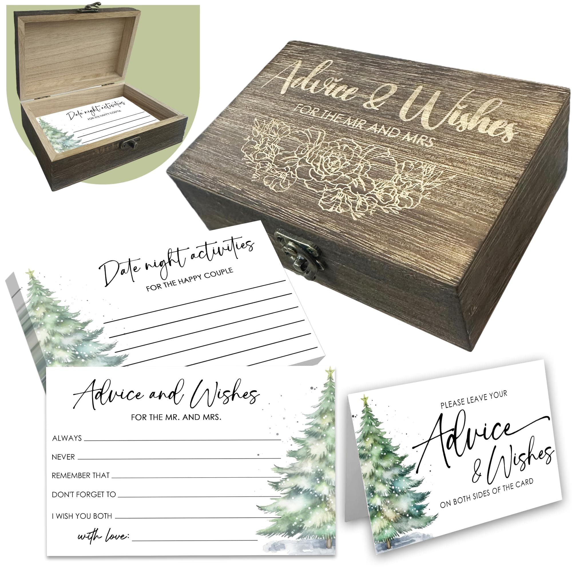 ICWJTGZ Christmas Tree Bridal Shower Advice Cards & Wooden Box Set - 50Pcs Advice And Wishes For The Mr And Mrs - Wedding Party Games For Reception Bridal Shower Decorations & Supplies - A05