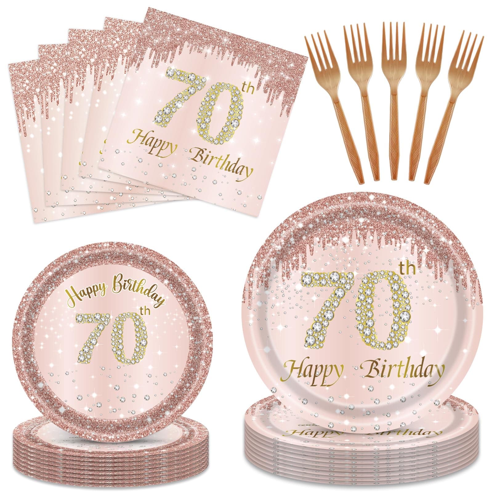 96PCS 70th Birthday Decorations for Women Rose Gold 70 Years Birthday Party Supplies 70th Birthday Plates and Napkins Forks Disposable Tableware Set for Gifts Women1955 Themed Party