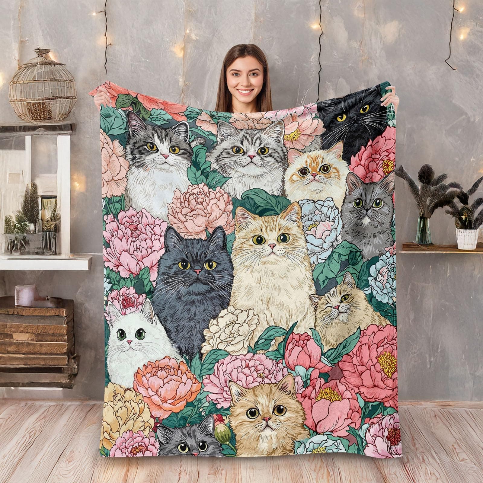 Yeoiat Cat Throw Blanket, Cute Blanket, Decorative Blankets for Sofa Couch Bed, Gift for Cat Lover. Pink White 50×60 inches