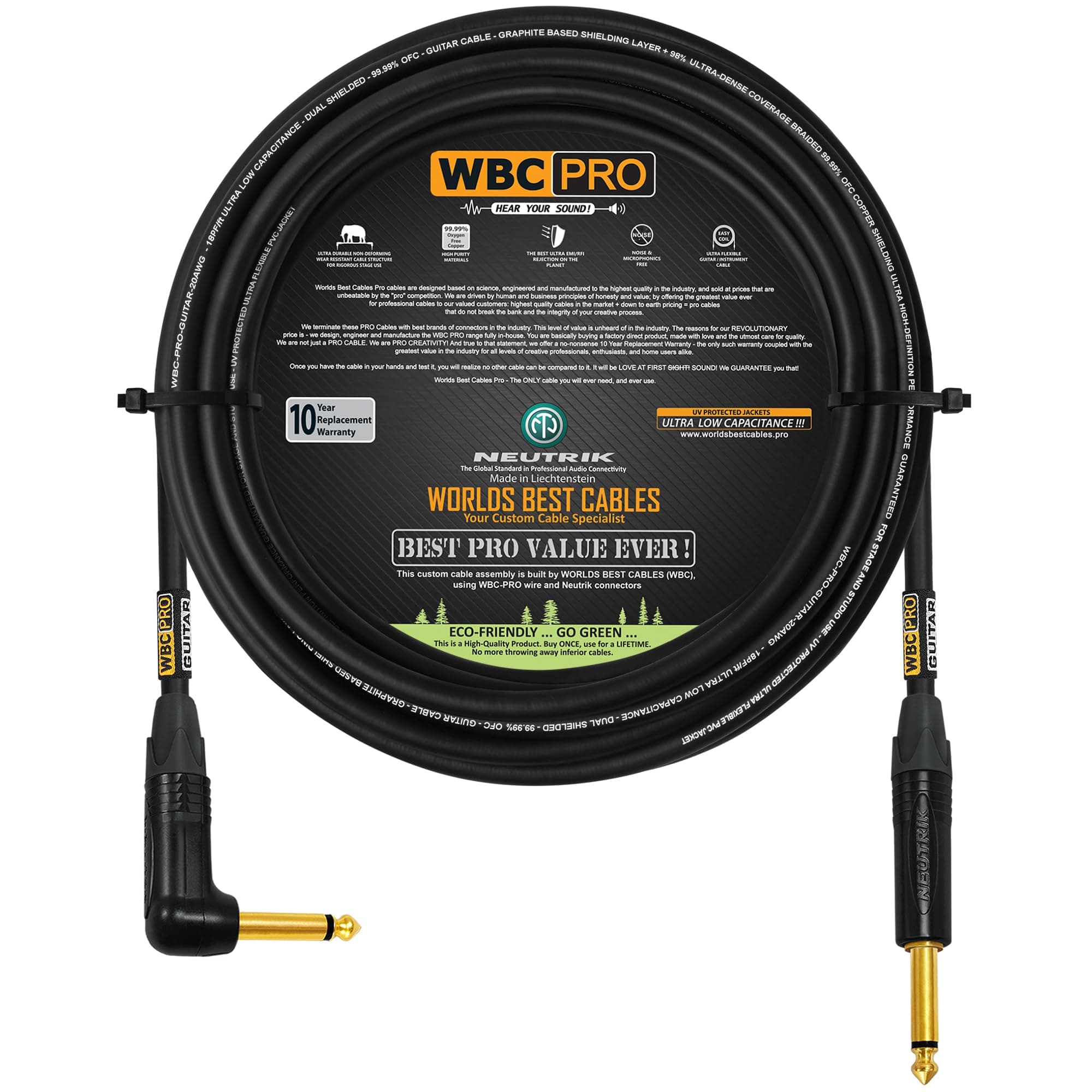 30 Foot - WBC-PRO-Guitar – 20 AWG - Low-Cap (18pF/ft) – Pro-Grade – Graphite-Based - Dual-Shielded Guitar, Bass, Instrument Cable with Neutrik Straight to Angled ¼ Inch (6.35mm) Gold TS Connectors