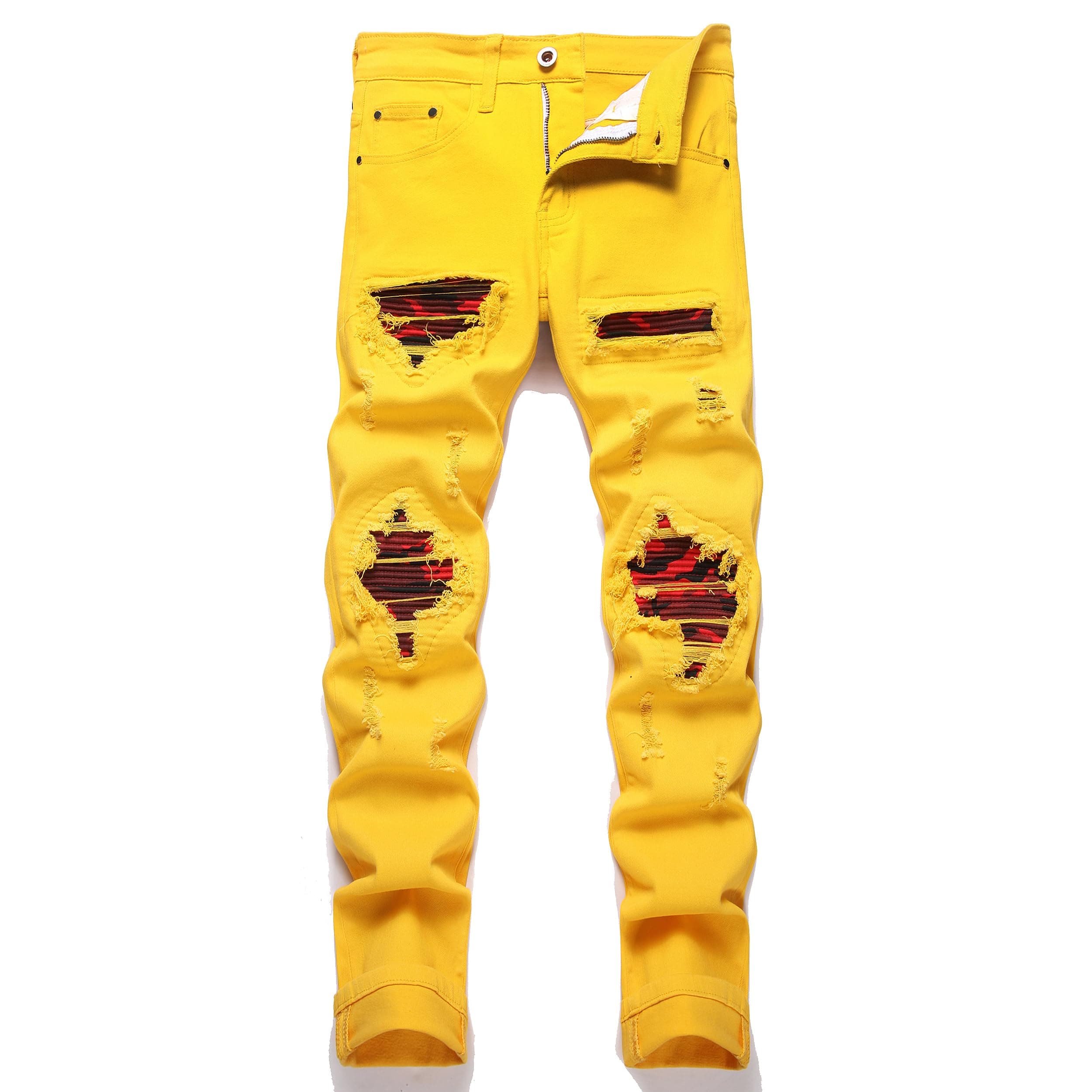 OIIIO Men's Patch Ripped Stretch Regular Fit Jean, 6660 Yellow, 34
