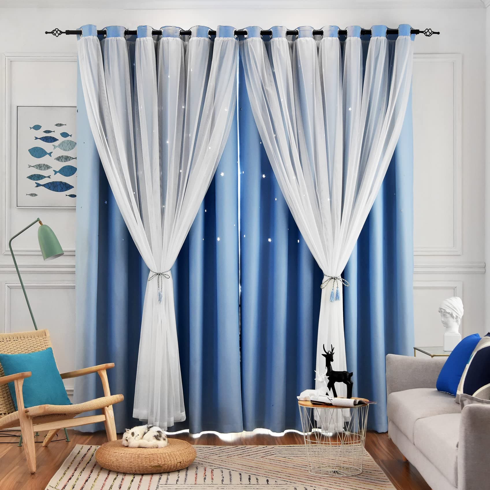 Loyala Stars Curtains for Kids, Double Layer Curtains, Blackout Curtains for Bedroom, Kids Curtains, Cute Curtains, Kids Blackout Curtains, Set of 2 Panels, Baby Blue Curtains, 52 X 84 Inches