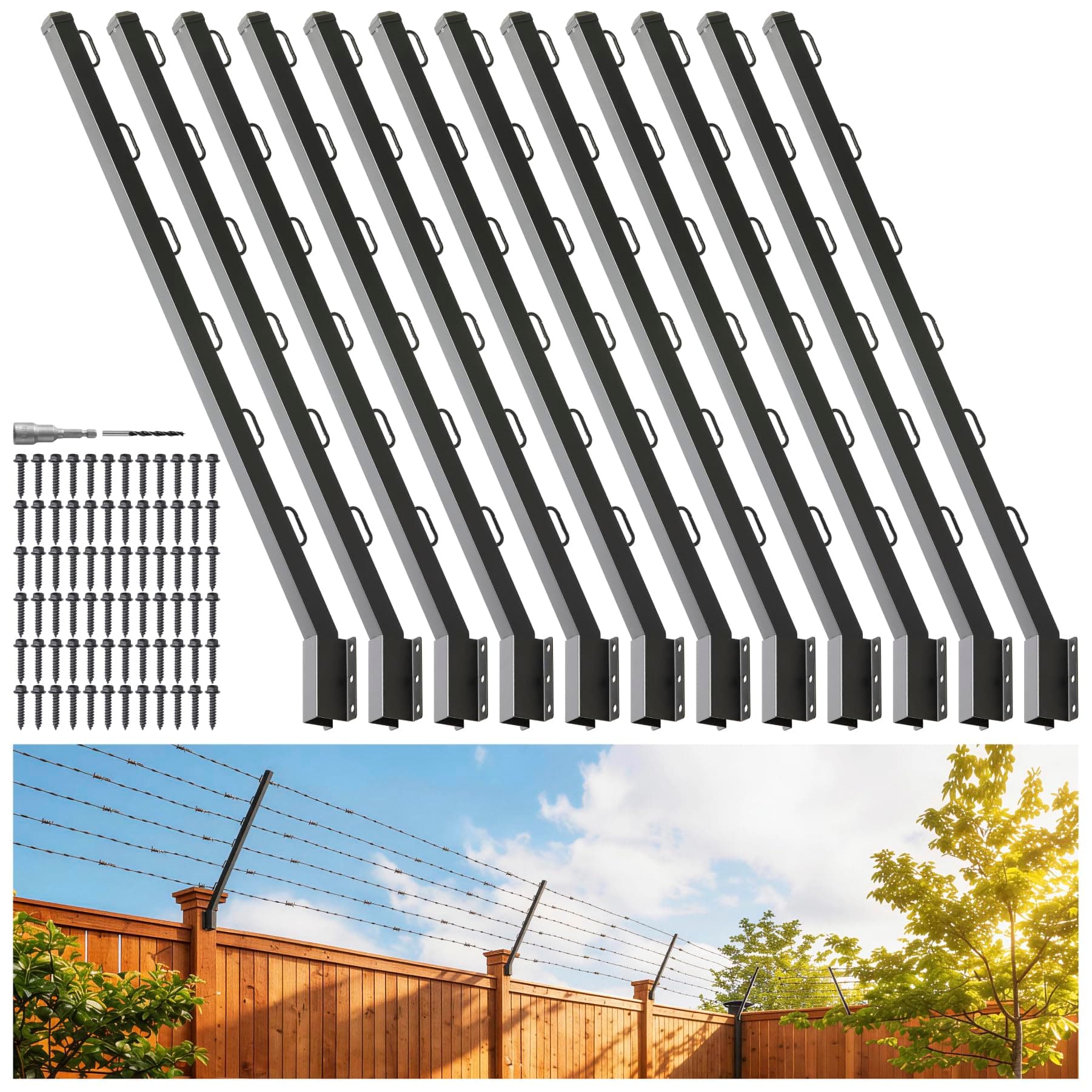 Epcee 12-Pack Angle 25° Fence Post Extender, 40" Fence Barbed Wire Extend Arm,for Outdoor Fences to Increase Height, Protect Privacy and Pets Jumping Off (12, 40in-25°Angles - Wood Post)