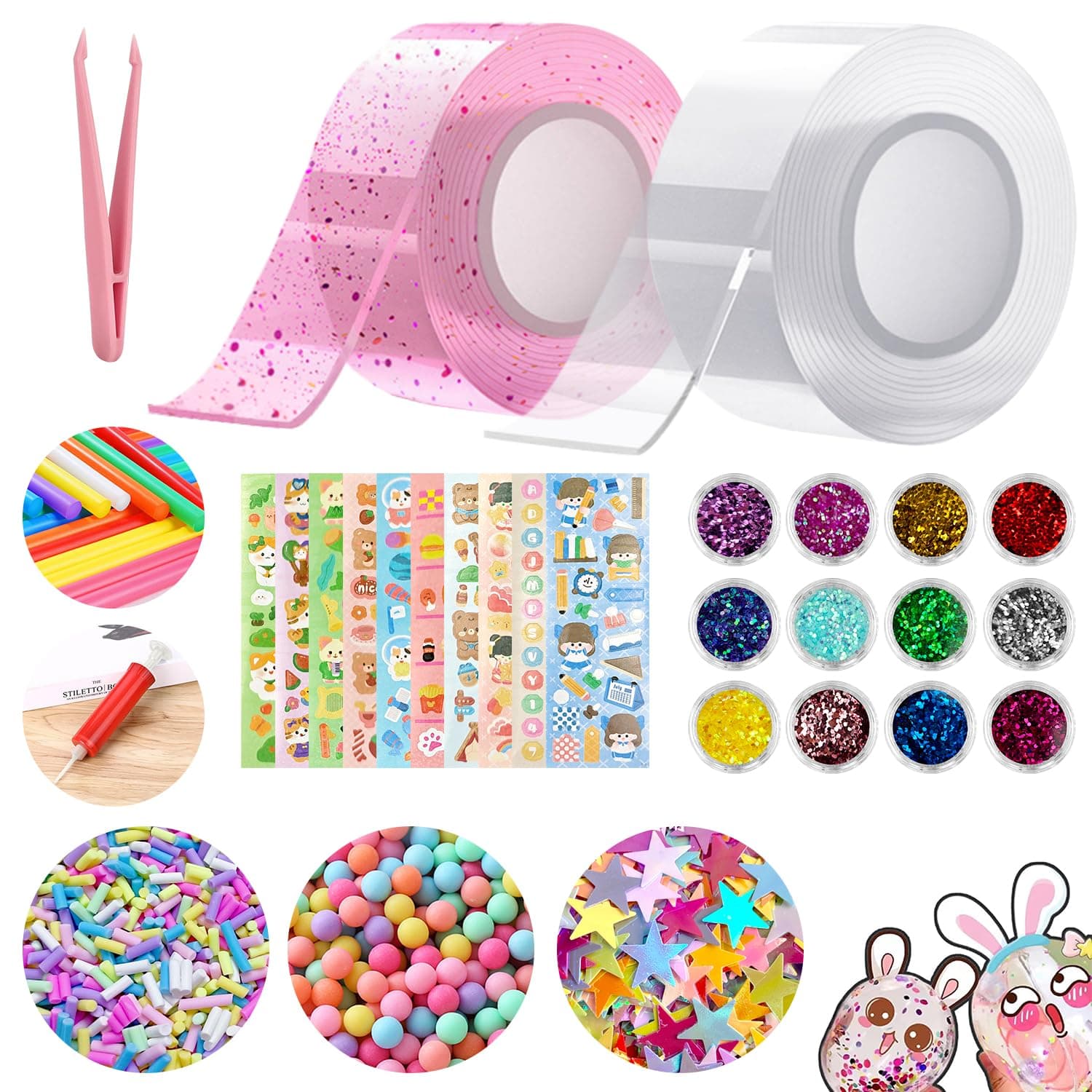 Nano Bubble Tape, 2 Pcs (9.84ft × 2inch) Nano Tape DIY Party Activity Toy Kit, Double Sided Transparent Reusable Nano Adhesive Tape, Washable Traceless Gel Tape (Pink White)