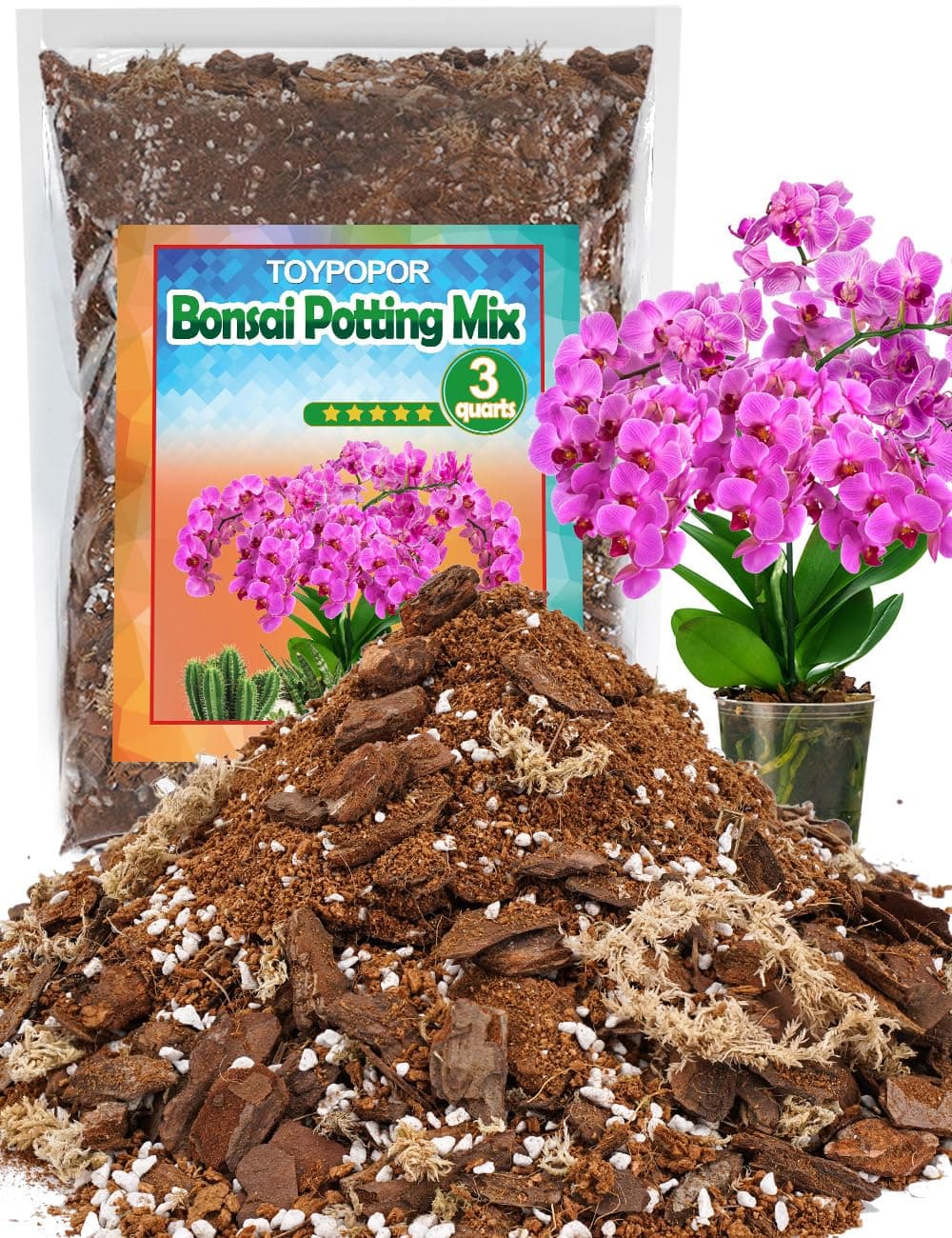 3qt Orchid Potting Mix with Moss Pine Bark Mulch Perlite Stone & Coco Peat Natural Ingredients, Orchid Repotting Kit Drainage Indoor Potting Medium Great for Plant Root Climbing & Expanding