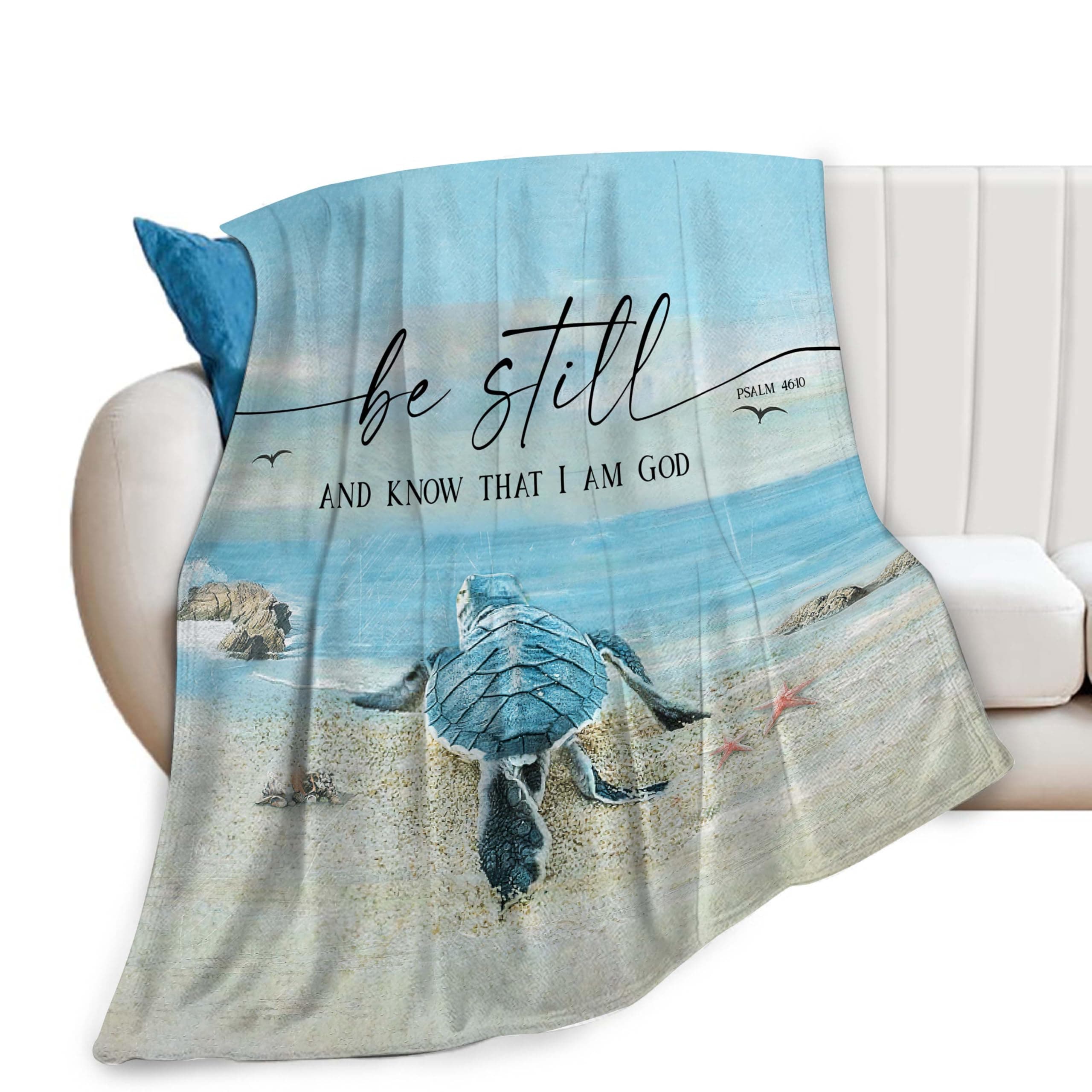 Beach Turtle Sea Decor Throw Blanket - Be Still and Know That I Am God Christian Gifts for Men Women - Warm Soft Plush Fleece Flannel Bedding for Kids Adults 50"X40"