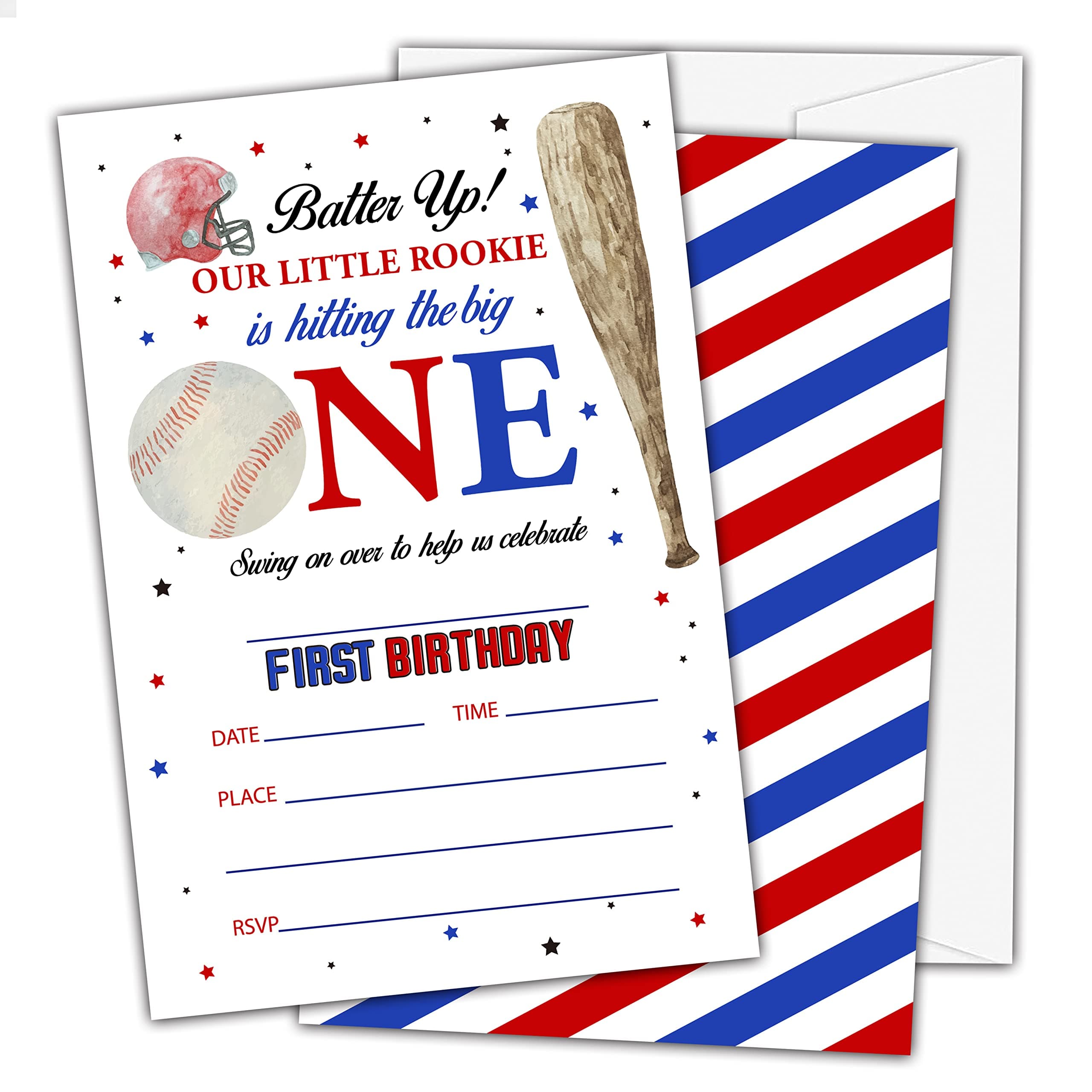 1st Baseball Birthday Invitations, Batter Up Baseball Theme Birthday Party Invitations for Boys Kids, Fill In Birthday Party Invites, Decorations, Favors, 20 Invitations with Envelopes (HA09)