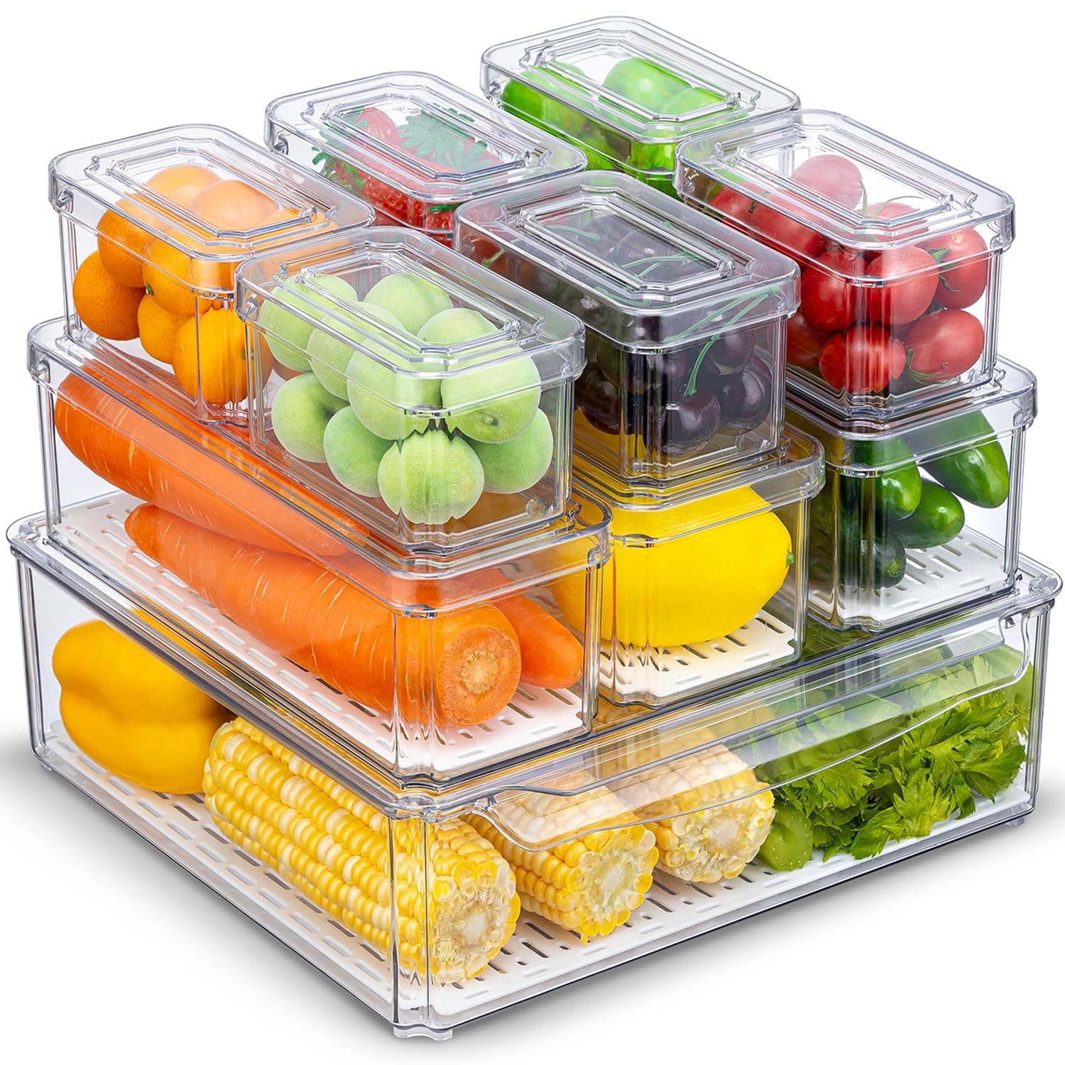 KUMD Juego de 10 Organizadores de Refrigerador con Tapas y Bandejas de Drenaje - Contenedores de Almacenamiento de Alimentos Transparentes Premium, Apilables y Sin BPA para Cocina, Nevera y Despensa