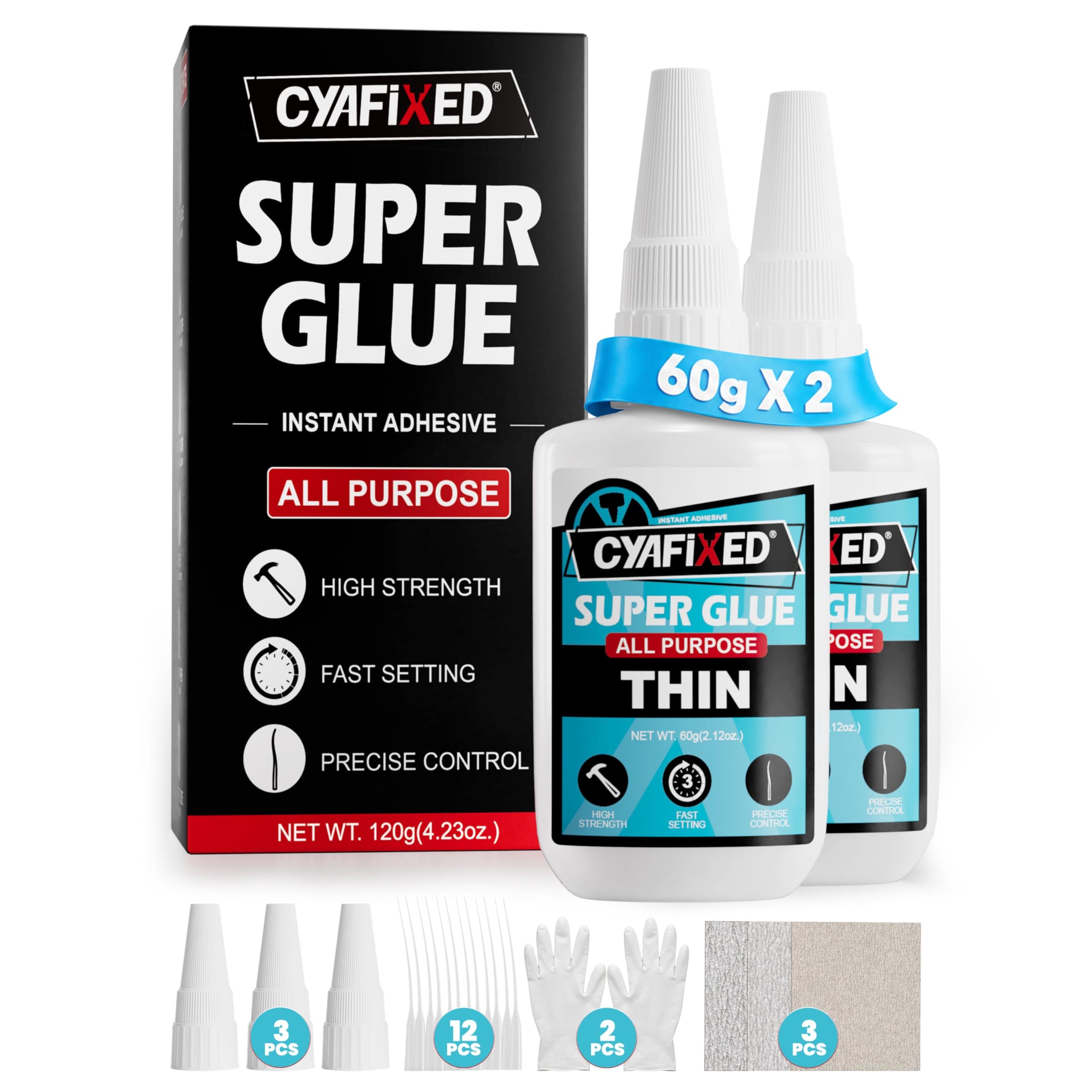Thin Super Glue 120 Gram, All Purpose Clear Liquid CA Glue Repair Wood Ceramic Glass Plastic, Heavy Duty Cyanoacrylate Adhesive for 3D Print PLA Shoe Metal, Strong Bond and Instant Superglue