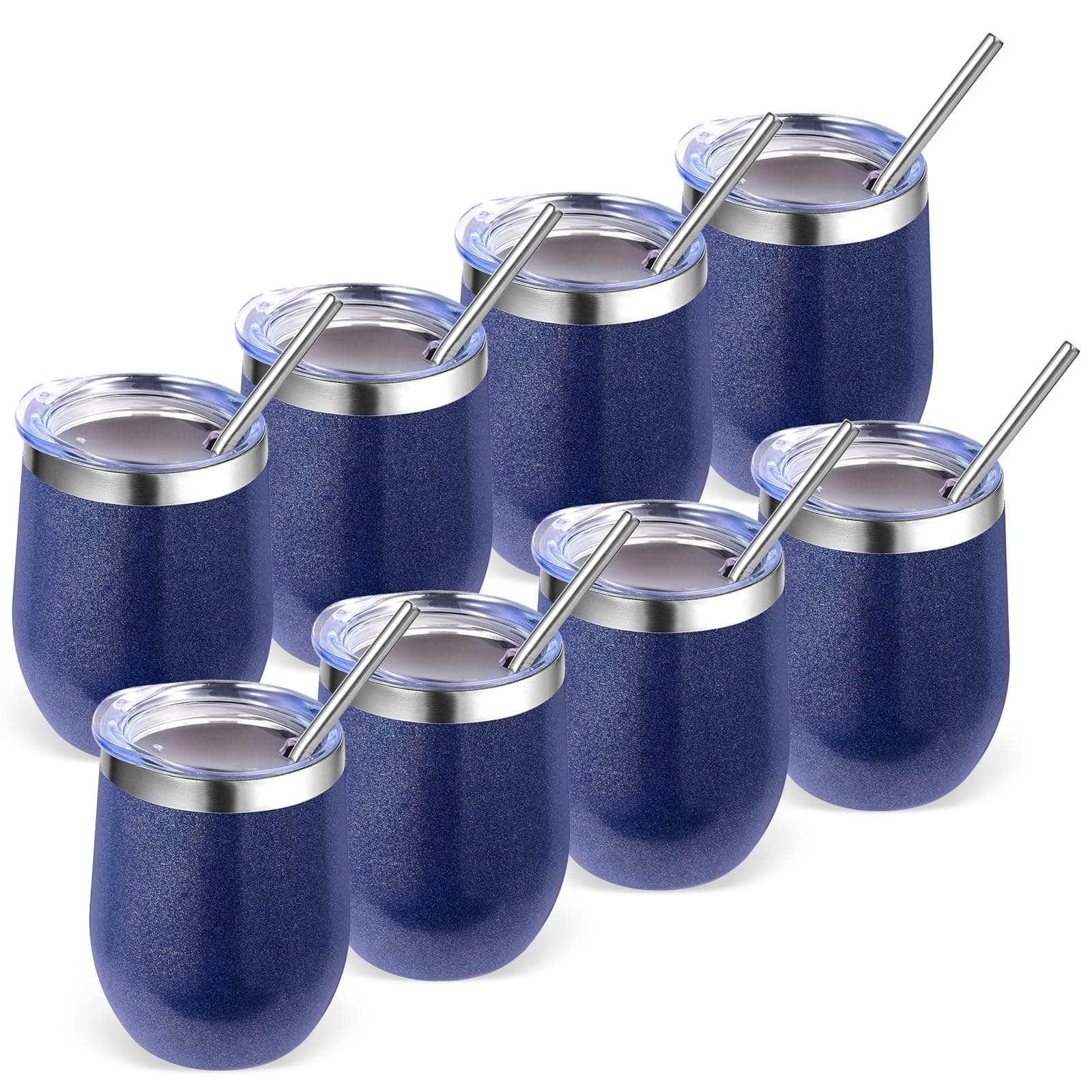 Volhoply 12oz Stainless Steel Wine Tumbler with Lid Bulk 8 Pack,Double Wall Vacuum Stemless Wine Glasses,Reusable Metal Travel Coffee Mug with Straw,Insulated Cup Gifts for Women,Christmas(Navy,8 Set)
