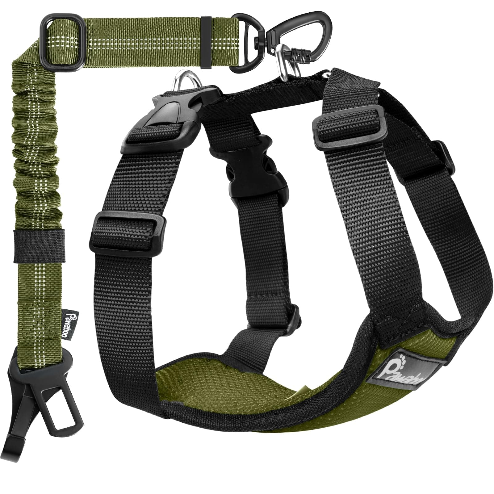Pawaboo Dog Seat Belt Harness for Car, Dog Car Harness Seatbelt with Double Clips, Adjustable Breathable Pet Vest & Dogs Safety Tether with Elastic Bungee for Small Medium Large Pet, XXL,Green + Black