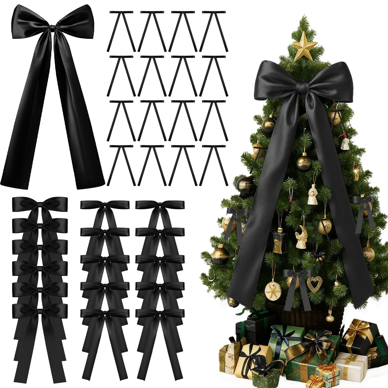 GZIXBDA 36Pcs Black Satin Christmas Bows, Christmas Tree Topper Bow Door Garland Decorations Home Party Wedding Car Gift Cake Holiday Decor Supplies