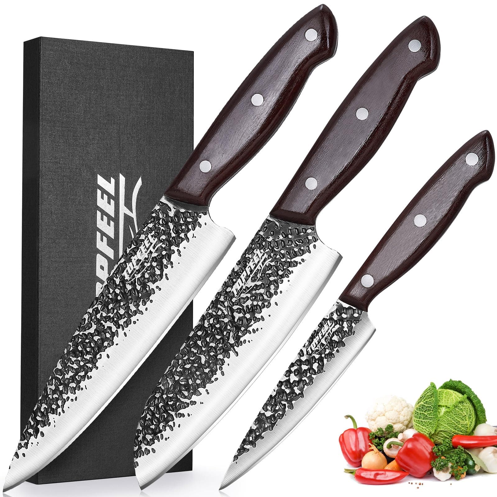 Topfeel Chef Knife 3PCS, High Carbon Hand Forged Stainless Steel Japanese Knife Sets, Ultra Sharp Professional Kitchen Knife Sets with Wood Ergonomic Handle