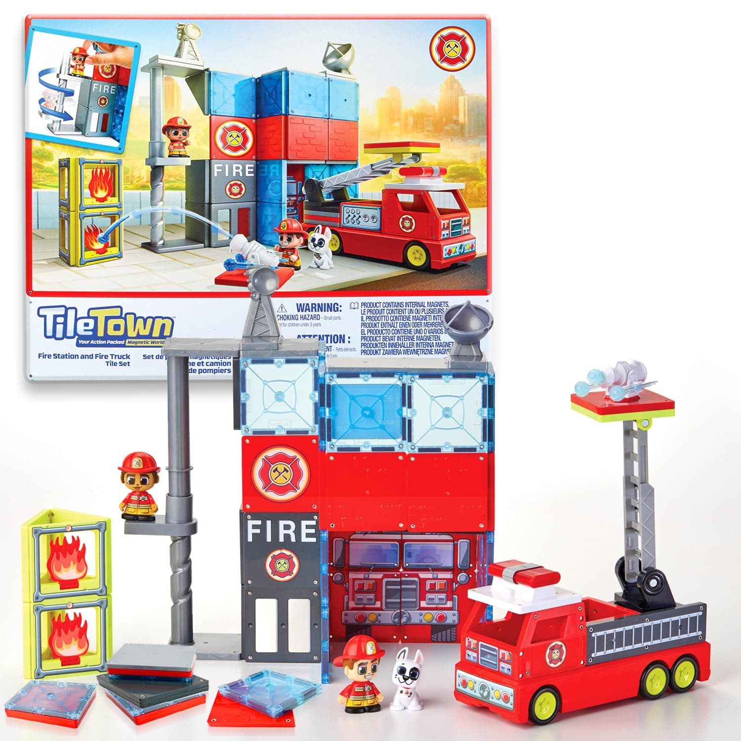 Tile Town Fire House + Firetruck Magnetic Tiles Building Playset & Vehicle w/ Lights & Sounds + Figures, Kids 3-5+, New Action Tiles for Action Play, STEM Creative Toy, Great Gift for Boys & Girls
