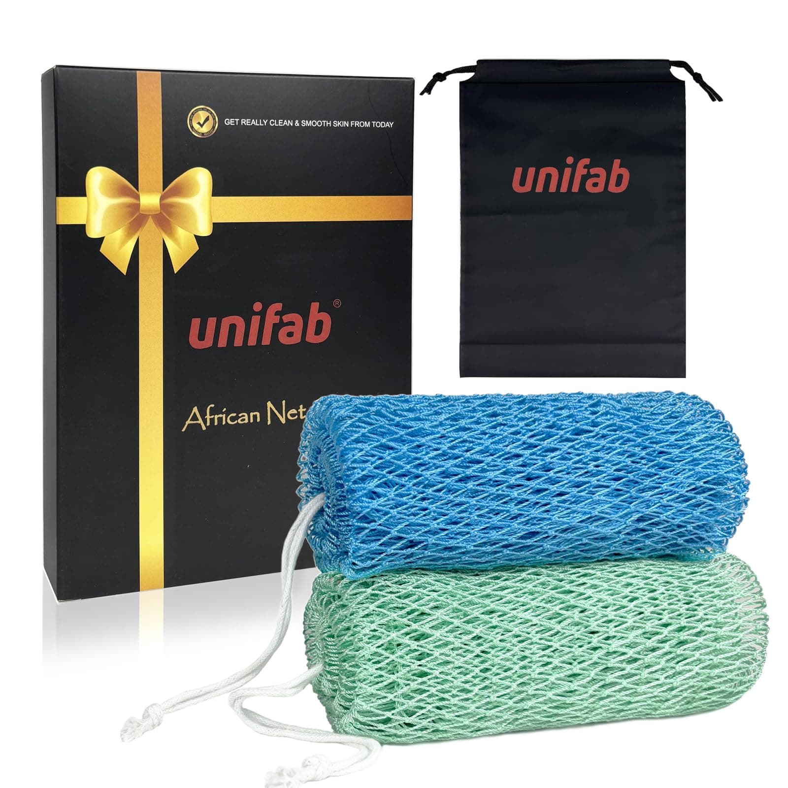 Unifab Authentic African Net Sponge with Knots, 2 Pieces African Exfoliating Net Real Sapo Sponge, Afro Scrub Wash Cloth Body Scrubber for Bath & Shower (Blue & Green)