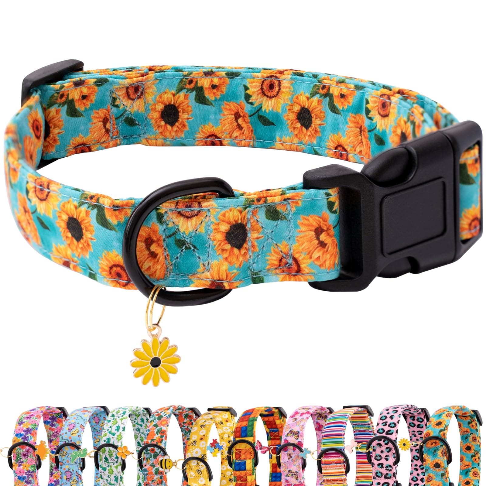 Faygarsle Dog Collar for Small Medium Large Dogs Cute Light Green Puppy Collars for Female Dogs Sunflower Patterned Pet Collars for Summer Spring Wedding Puppy Girl Dog Collar S