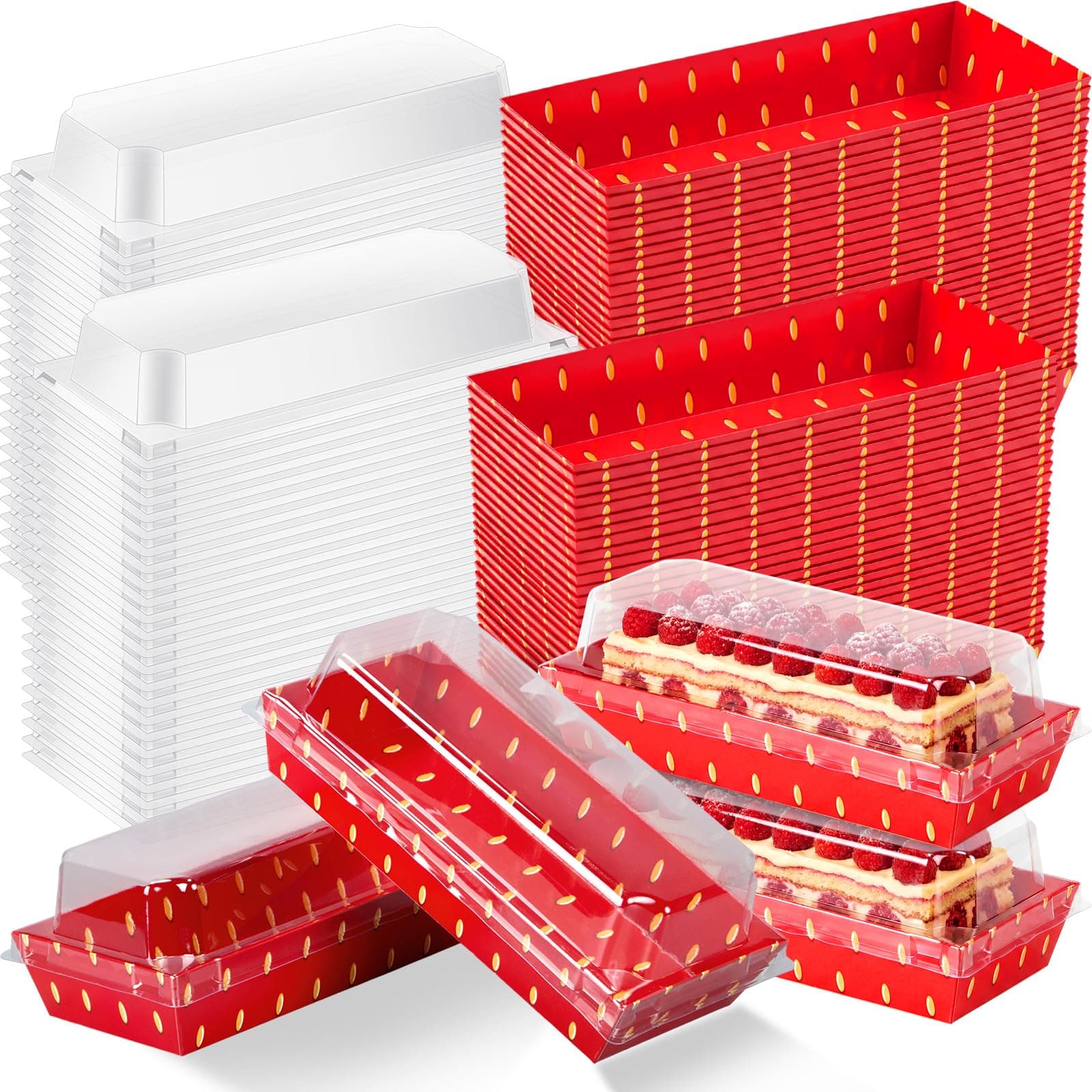 Bokon 50 Pcs Strawberry Party Charcuterie Boxes with Clear Lids, Strawberry Themed Cookie Boxes with Window, Red Disposable Food Container Candy Treat Gift Tins for Sandwich, Cookie, Sushi, Cake Slice