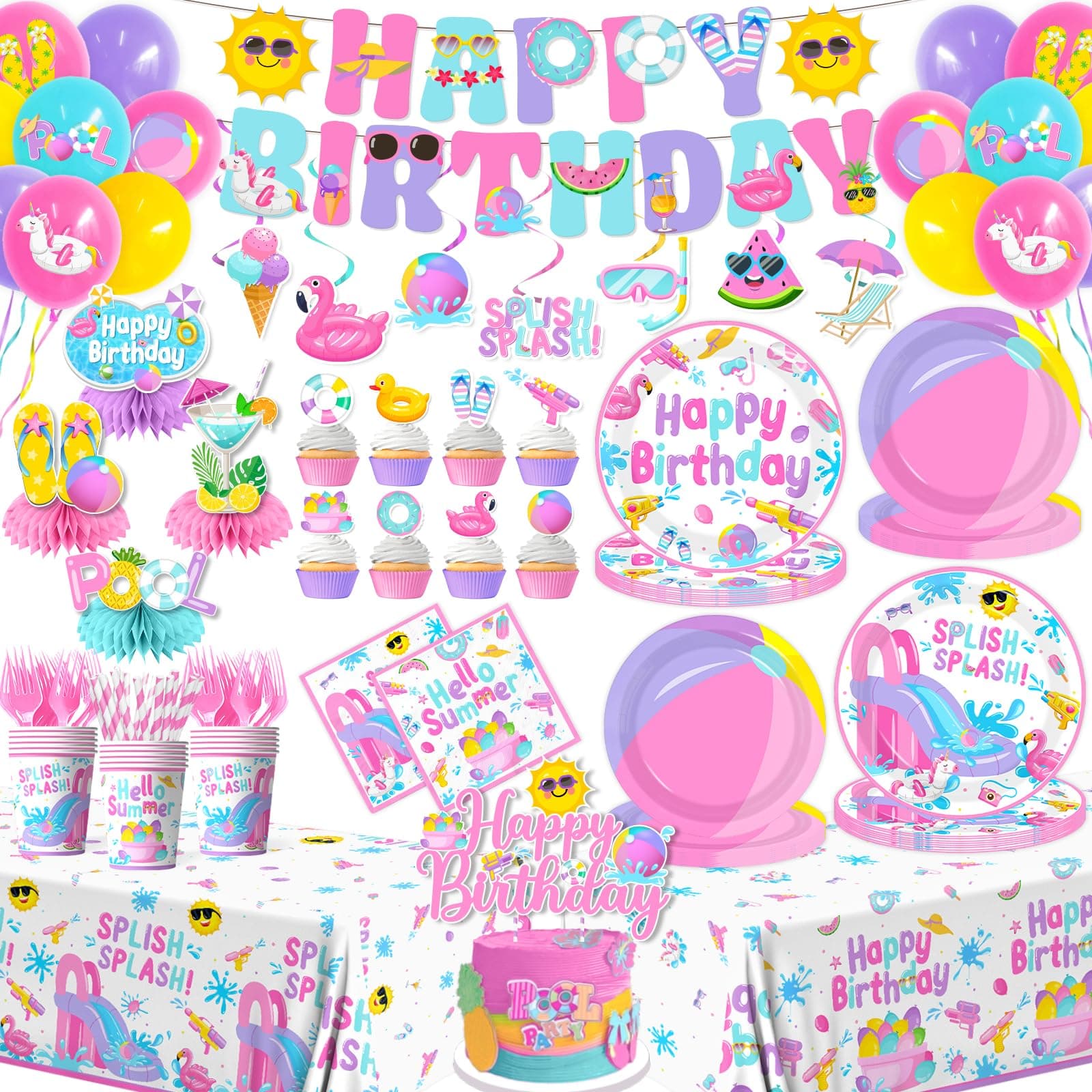Splish Splash Birthday Decorations Pink Summer Pool Birthday Party Tableware Disposable Paper Plates,Napkins,Tablecloth,Balloon,Cake Topper,Banner for Beach Waterslide Themed Party Supplies,Serve 24