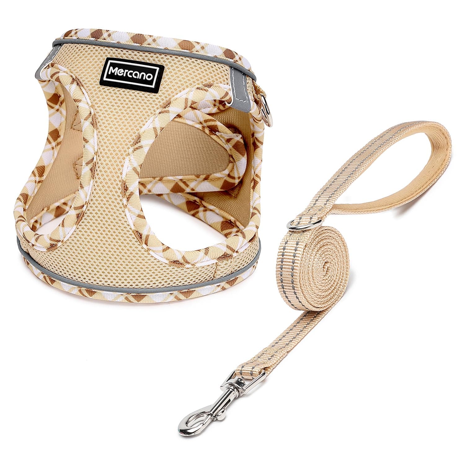 Mercano Soft Mesh Dog Harness and Leash Set, No-Chock Step-in Reflective Breathable Lightweight Easy Walk Vest Harnesses with Safety Buckle for Small Dogs, Cats (Beige, M)