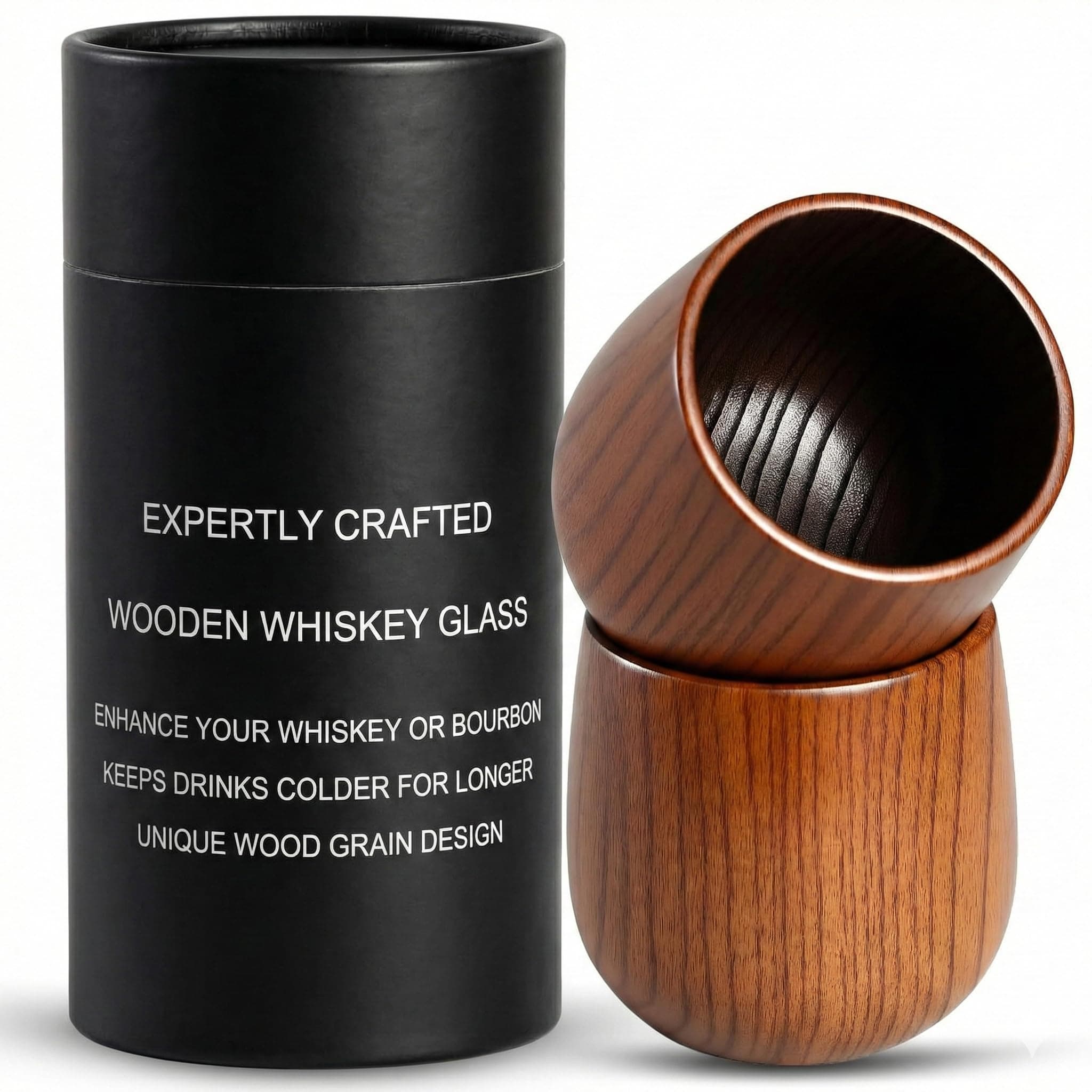 Charred Wood Bourbon Whiskey Glasses - Set of 2 | Handcrafted Oak Tumbler Gift for Men | Premium Tasting Cups for Scotch & Old Fashioned | Unique Present for Husband & Dad