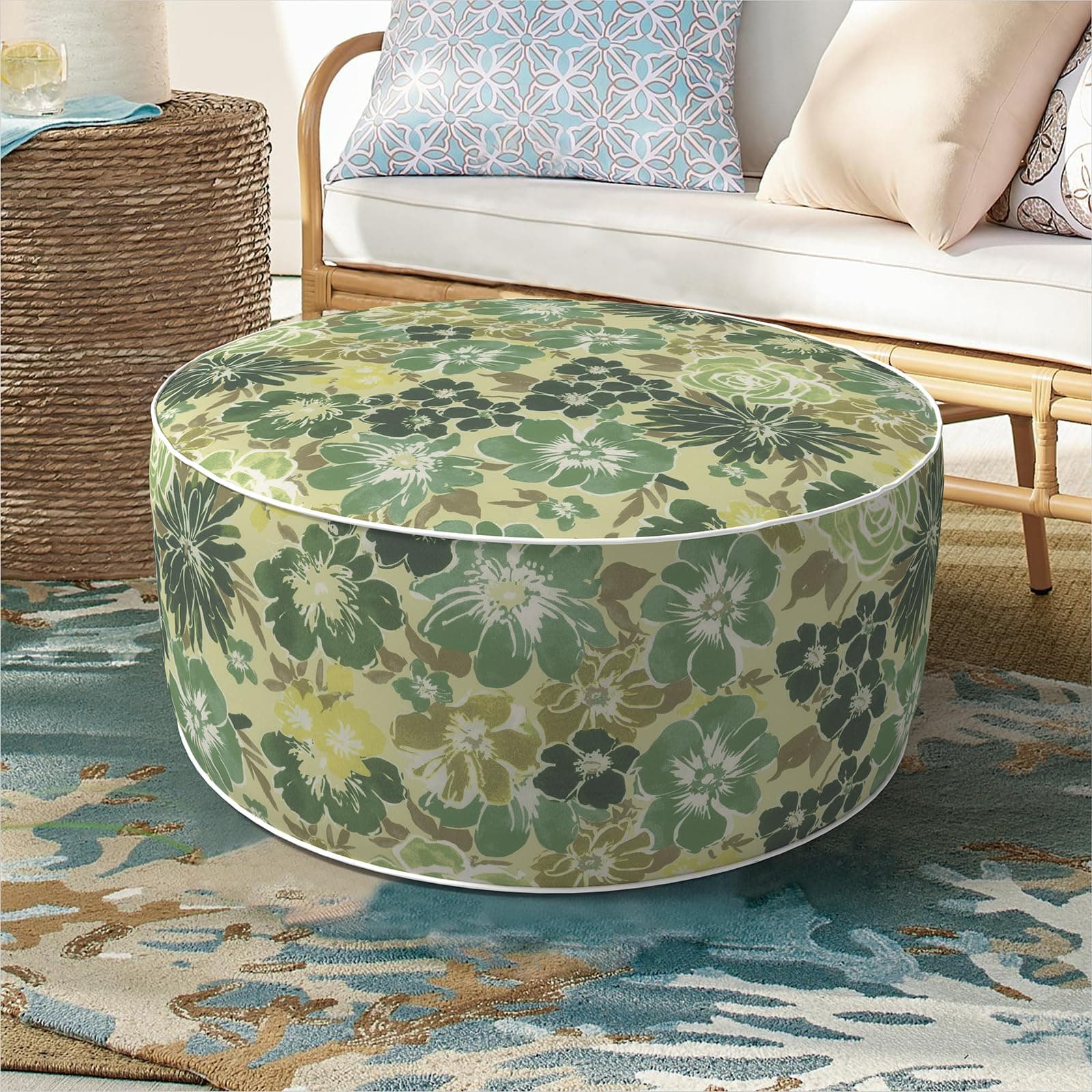 DYTXIII Inflatable Ottoman Stool D21 xH9 for Outdoor/Indoor Use, Water Repellent Patio Foot Rest with Portable Handle,Round Pouf Ottoman Suitable for Garden,Deck and Camping-Green Rose