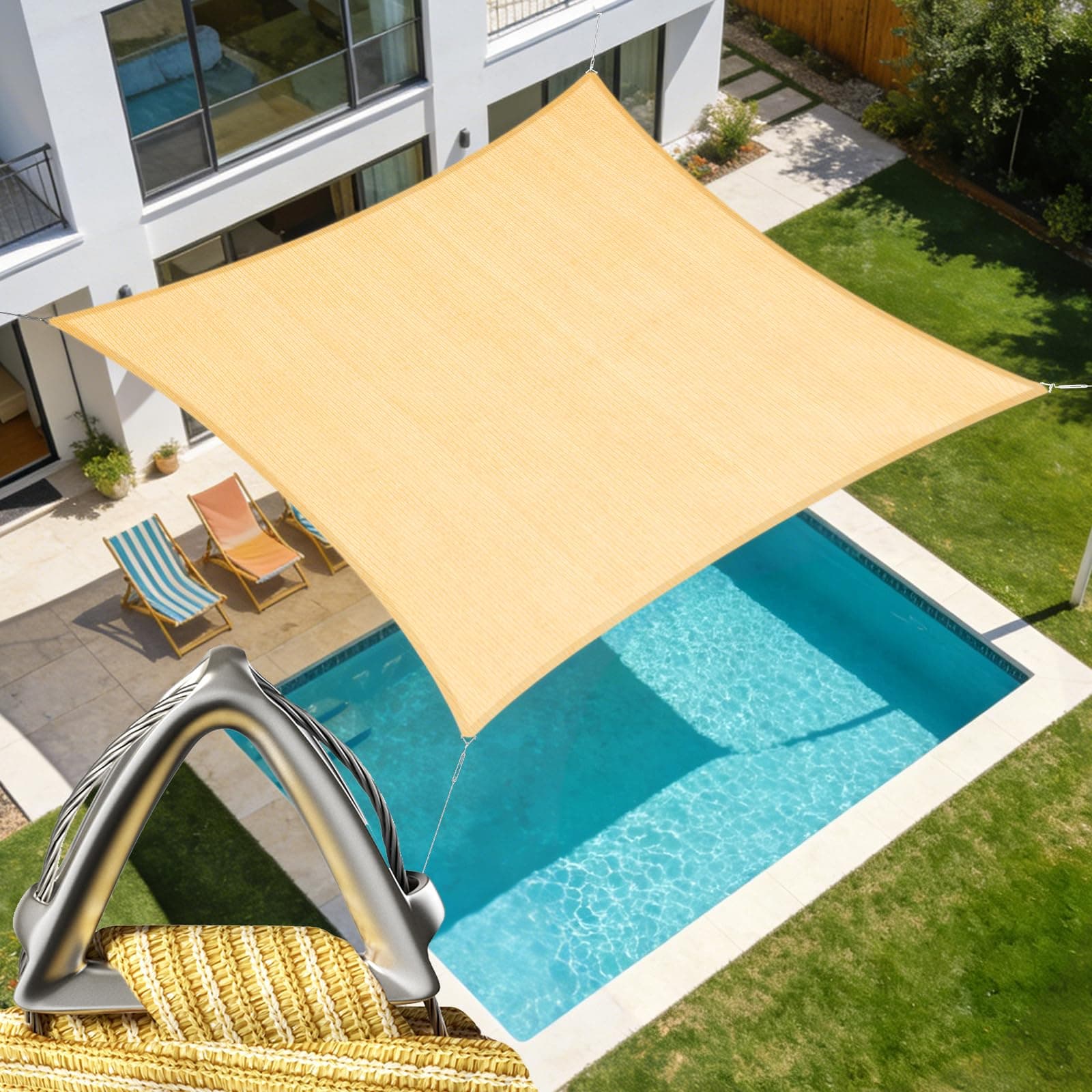 Royal Shade Heavy Duty 22' x 22' Beige Square Pro Ring Shade Sail, 260 GSM Commercial Grade UPF50 Sunshade, Reinforced Corners & Edges - 5 Years Warranty (We Make Custom Size)