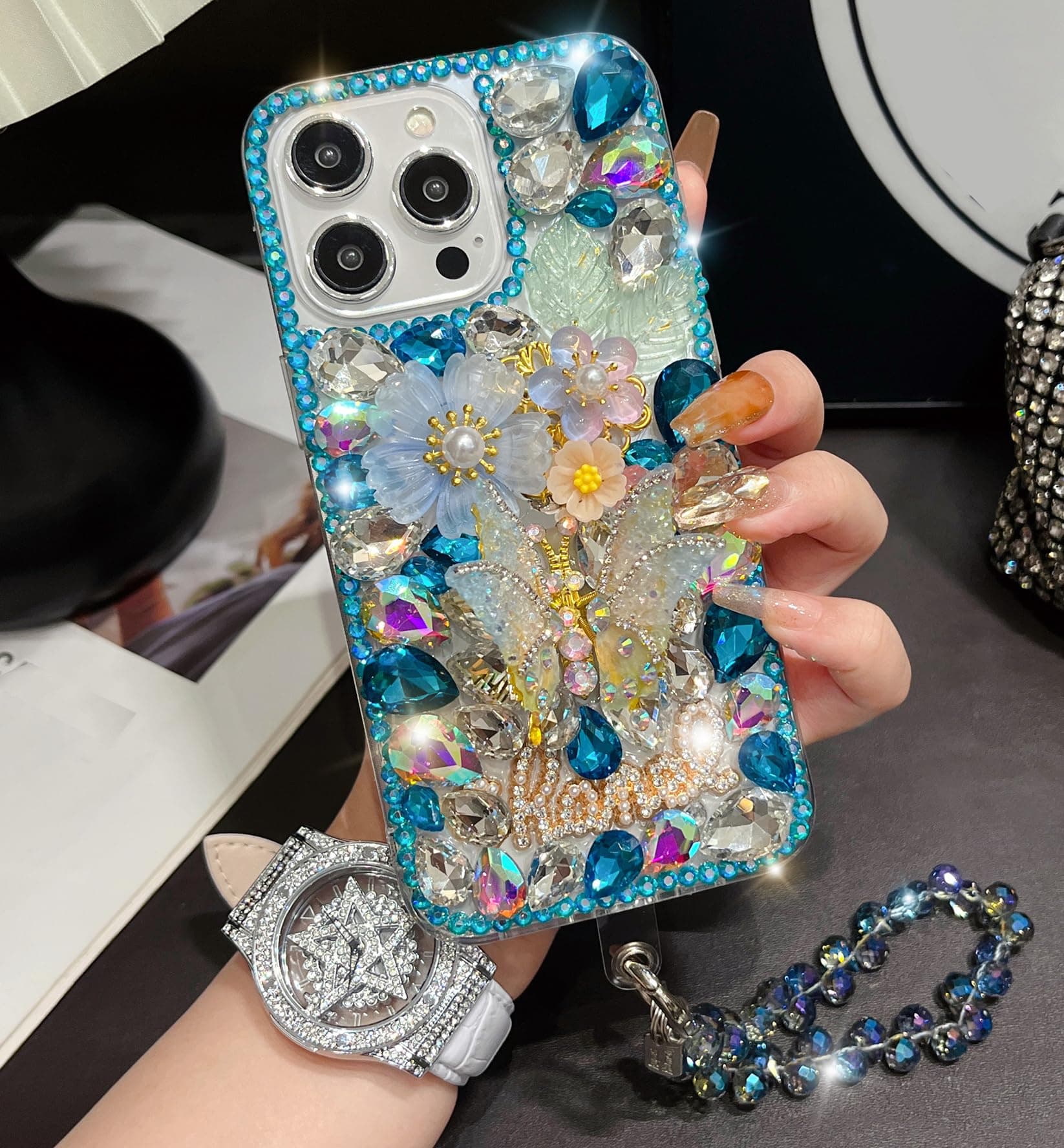 SupShop for Samsung Galaxy S24 Ultra Bling Case Luxury for Women Girls Handmade Cute Gemstone Crystal Glitter Diamond Sparkle 3D Butterfly Flower Phone Cover with Wrist Strap,Blue