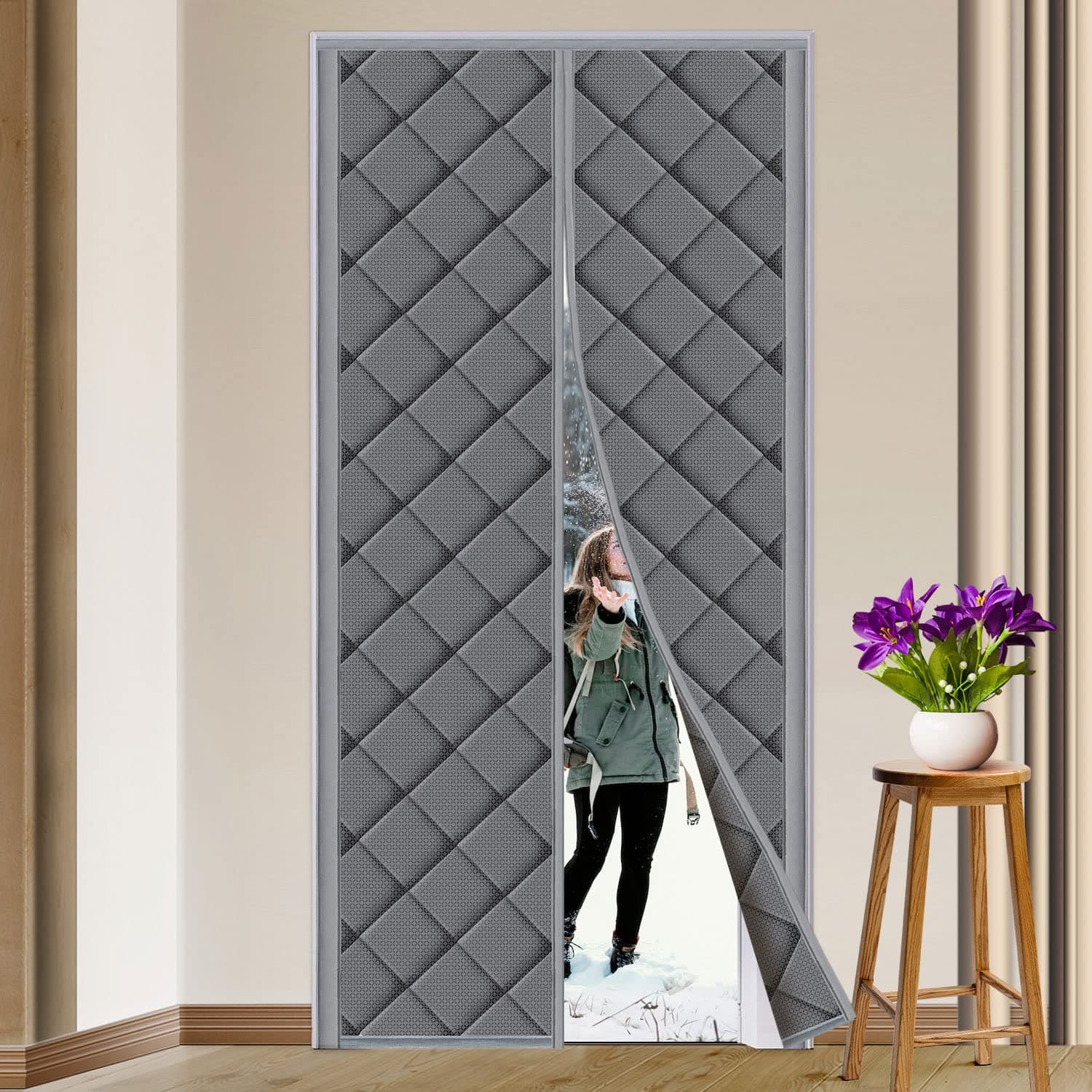 Magnetic Insulated Door Curtain Fits Door Size 36" x 82" Nylon Cotton Temporary Magnet Closure Thermal French Screen Door Cover Size W38 x L84 inch Weatherproof Windproof Soundproof,Grey
