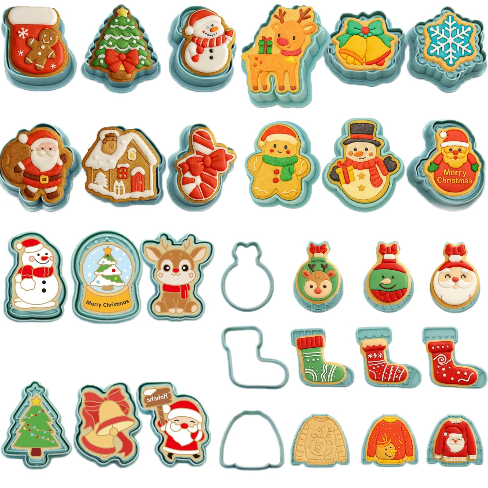 27 pcs Chrismas Cookie Cutters, 3D Raised Design Cookie Press Stamp, Biscuit Baking Tools Embossing Cookie Molds, Gingerbread, Snowflake, Snowman, Candy Baking Molds, Christmas Cookie Cutter Set (D)