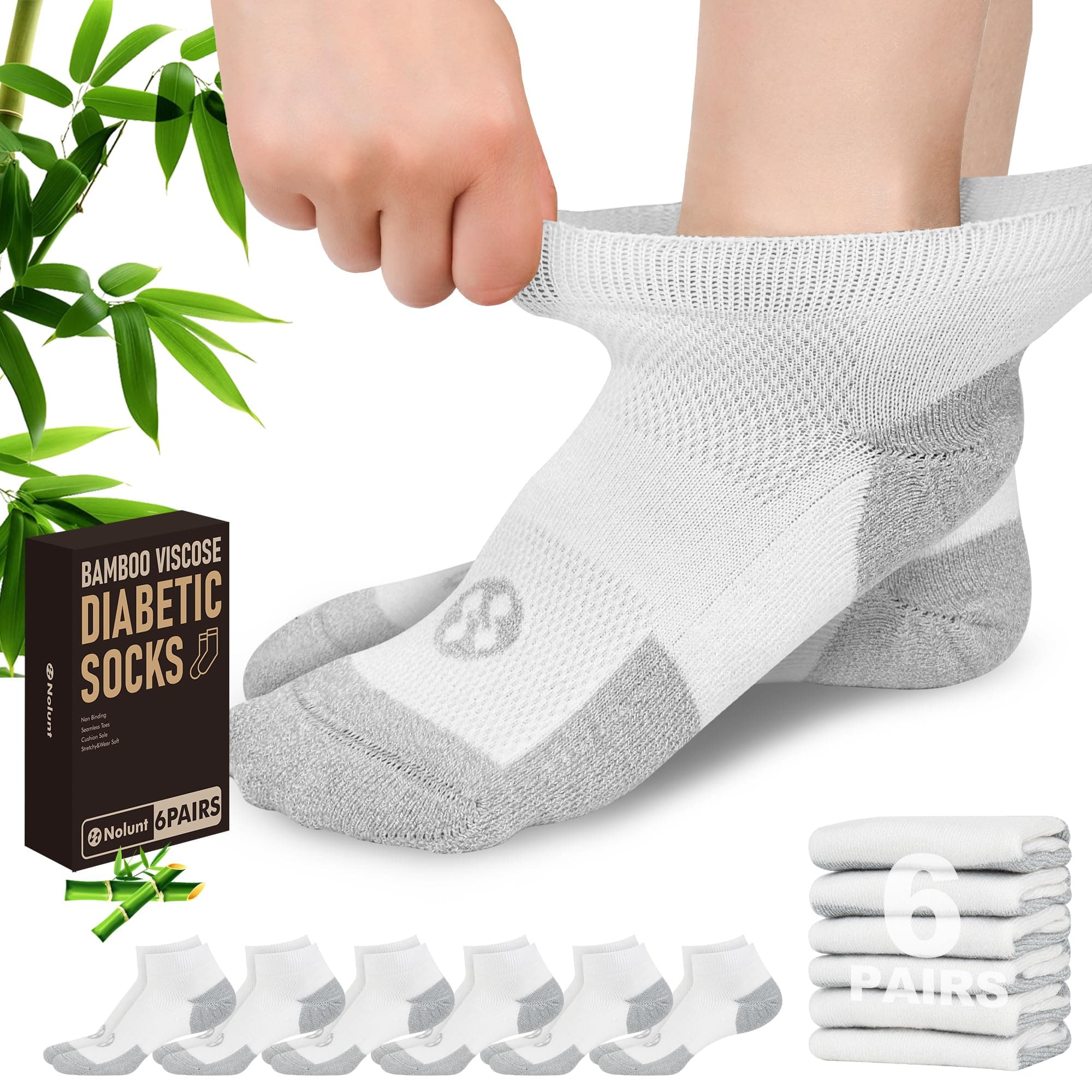 NOLUNT Diabetic Socks for Men,6 Pairs Low Cut Diabetic Neuropathy Socks for Men 9-12/10-13(White-Medium)