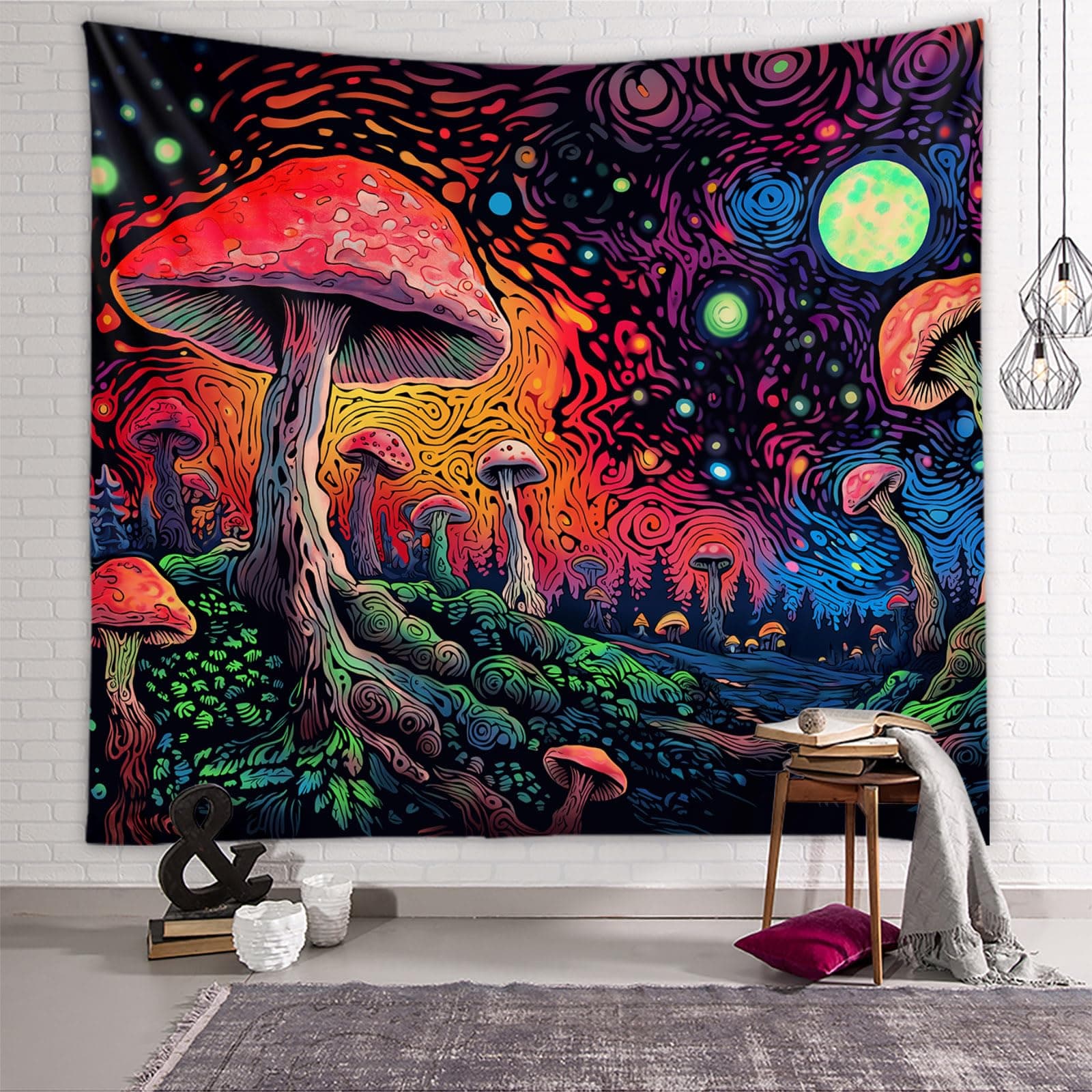 Tapzen Mushroom Moon Stars Colorful Plant Tapestry for Bedroom Aesthetic Fantasy Forest Boho Wall Hanging (90 x 60 inches)