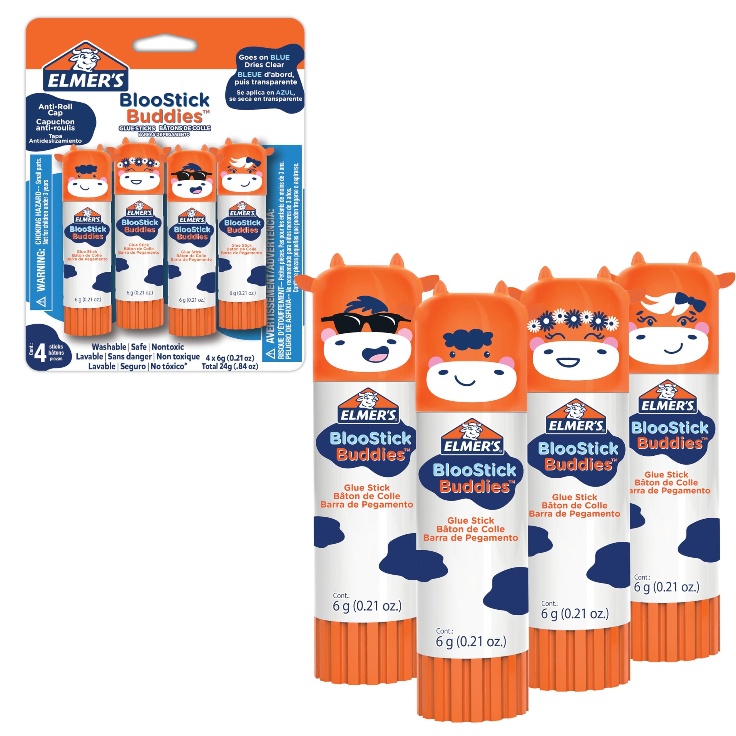Elmer's BlooStick Buddies Glue Sticks, Disappearing Blue Glue Stick, Anti-Roll Cap, 6g, 4 Count