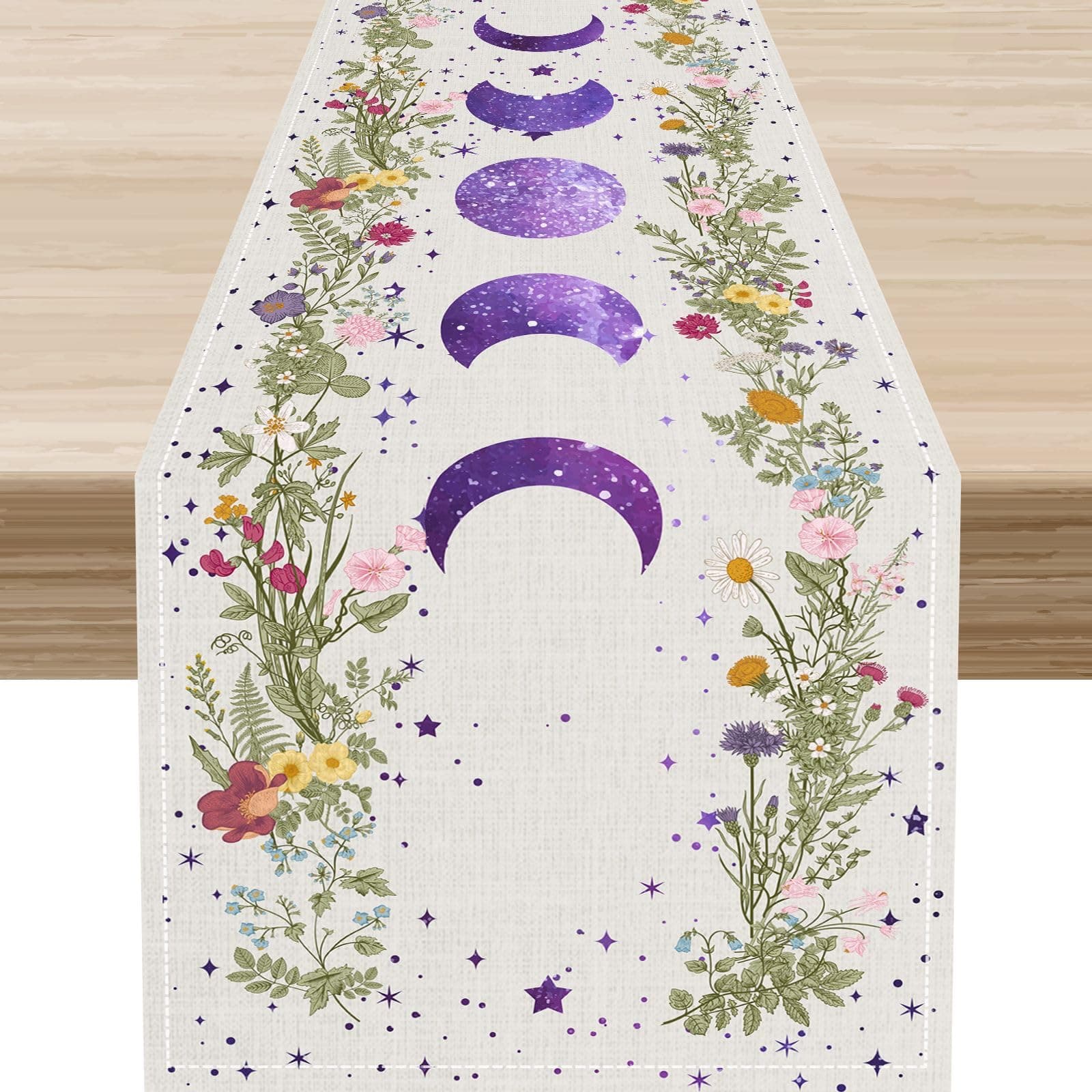 Boho Floral Moon Table Runner,Spring Wild Floral Moon Phase Seasonal Mystical Gothic Purple Moon Kitchen Dining Table Decoration for Home Party Decor,13 x 90 Inches