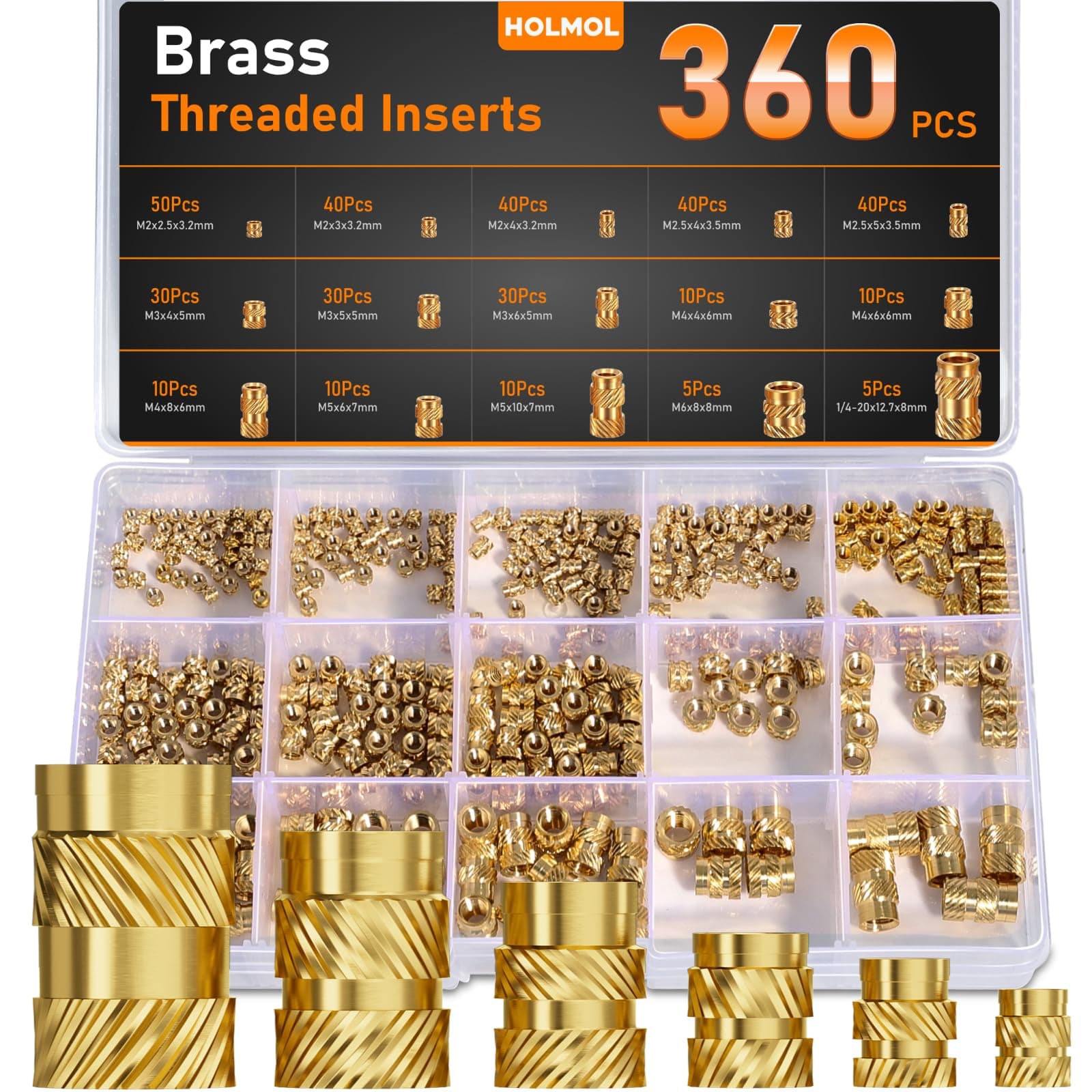 HOLMOL Juego 360 Unidades Insertos Roscados Latón M2-M6 para Plástico