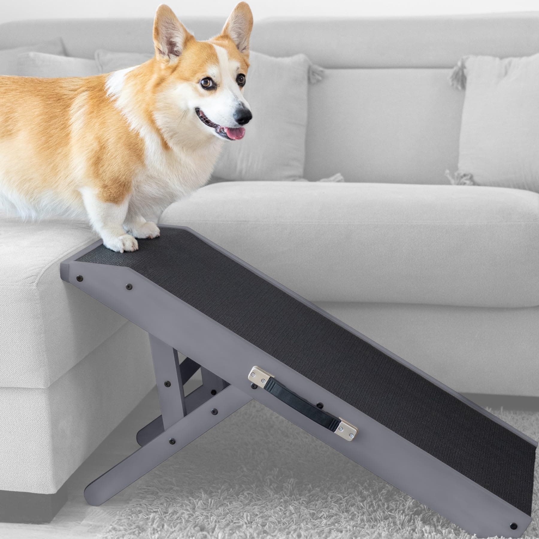 Dog ramp for Couch PRIORPET - Birchwood Foldable Dog ramp - Adjustable 7" to 20" - Landing Platform Seamlessly Connects - Anti-Slip Grip - Pet Ramp for Small Dogs up to 170lbs - Gray