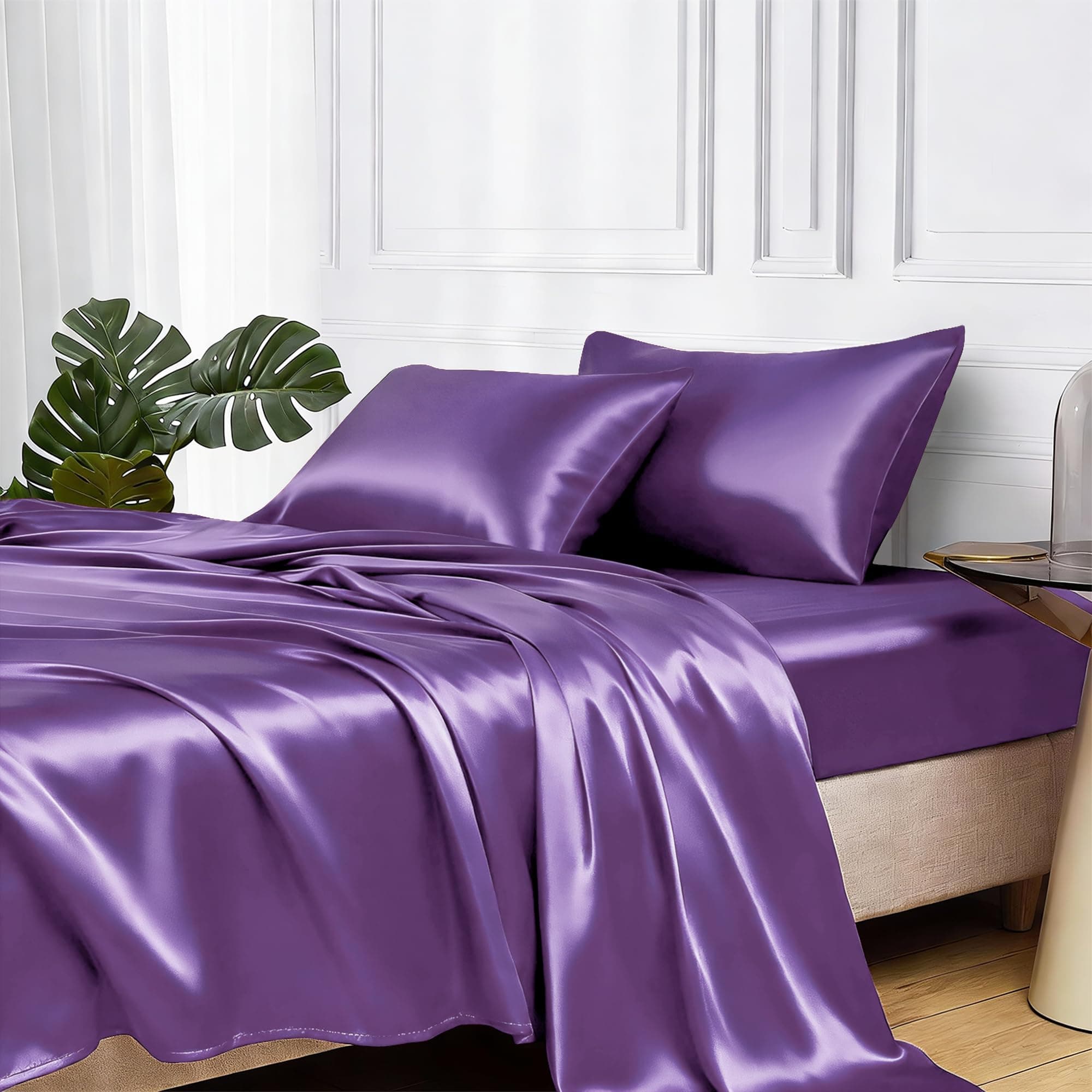 MR&HM Satin Sheets Queen Size with Elastic Corner Straps, Lavender